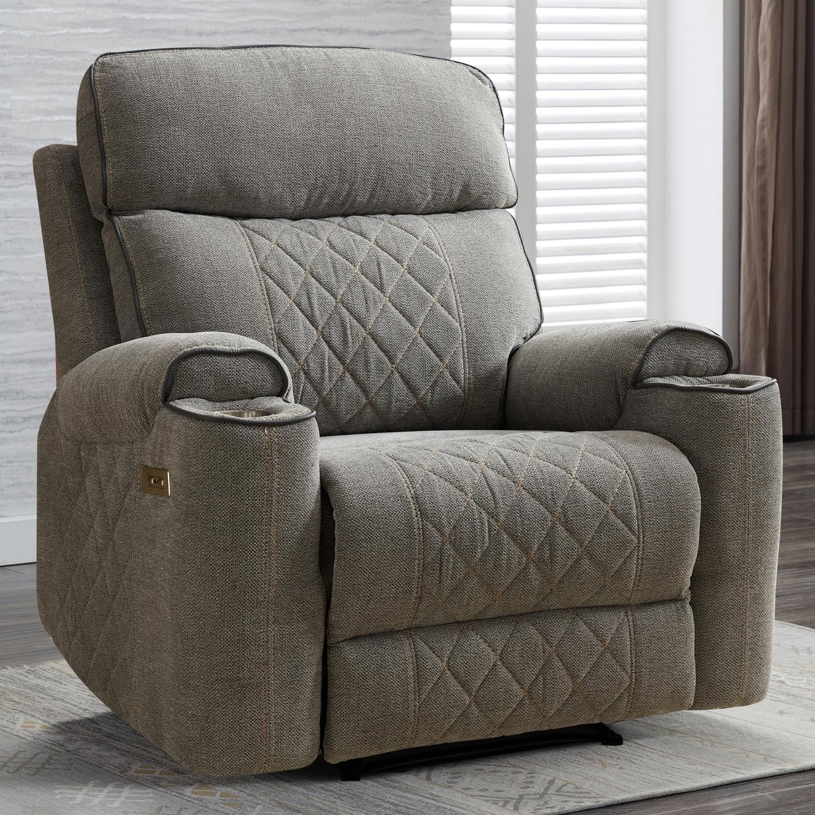 ANJ Classic Power Recliner Chair, Overstuffed Electric Recliners with Double Layer Backrest and Cup Holders, Comfy Reclining Single Sofa for Living Room