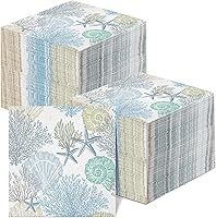 Vista 1 de Funrous 200 servilletas de papel de mar de 3 capas, servilletas de concha de mar, playa costera, coral, náutico, costero, toallas de papel