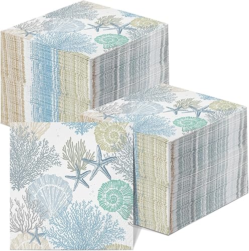 Funrous 200 servilletas de papel de mar de 3 capas, servilletas de concha de mar, playa costera, coral, náutico, costero, toallas de papel para