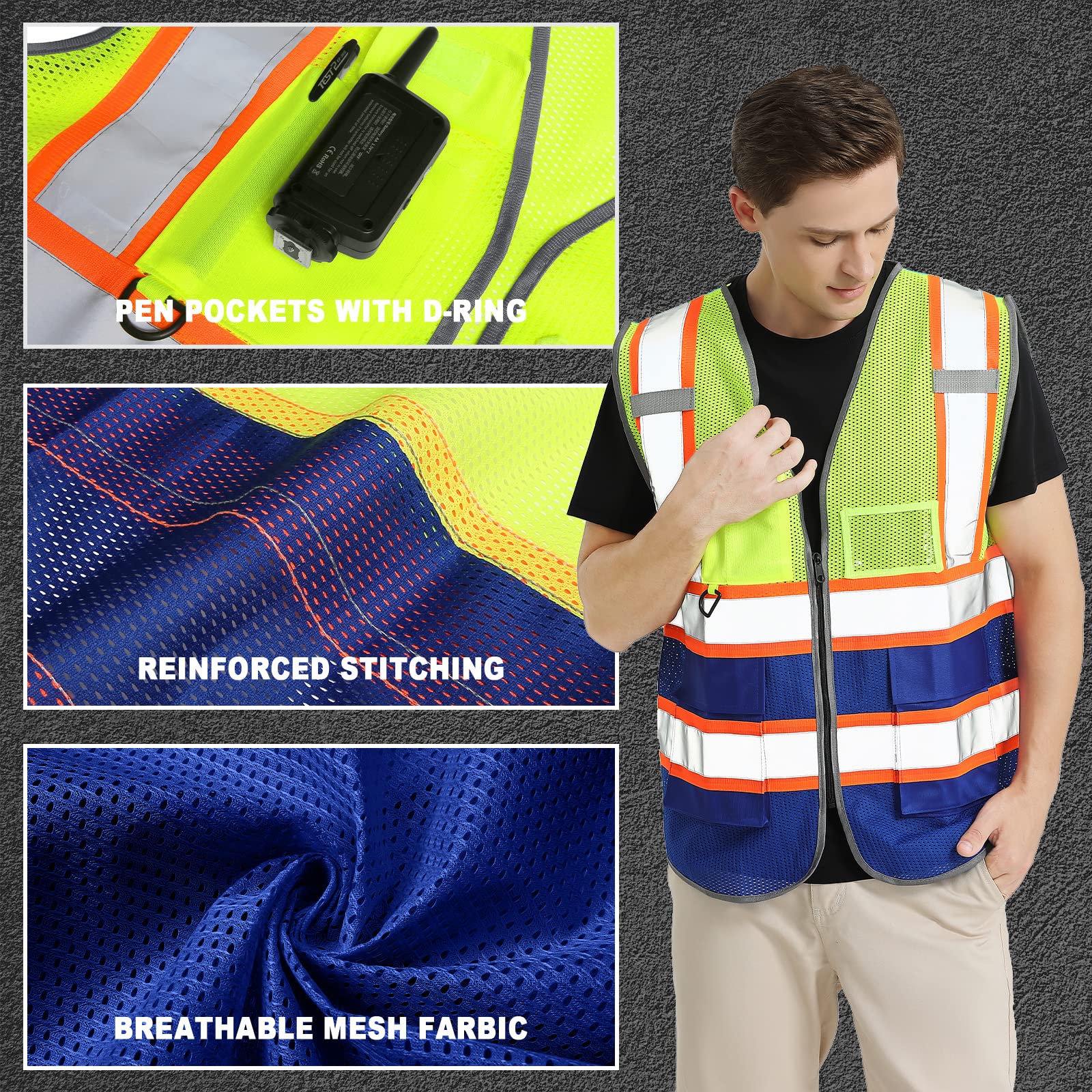 Custom Safety Vest Customized Logo Class 2 High Visibility Reflective Vest with Pockets Breathable Mesh Workwear Yellow Blue