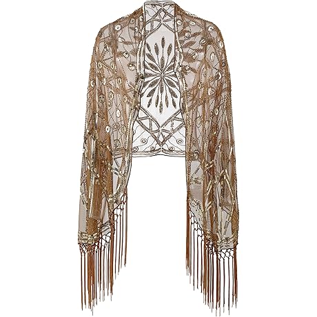 Women's 1920s Scarf Wraps Sequin Deco Fringed Wedding Cape Evening Shawl Vintage Prom