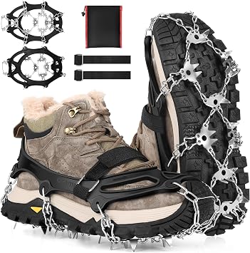 Ice Cleats for Shoes and Boots 32-Spike Stainless Steel Anti-Slip Crampons,Microspikes for Hiking