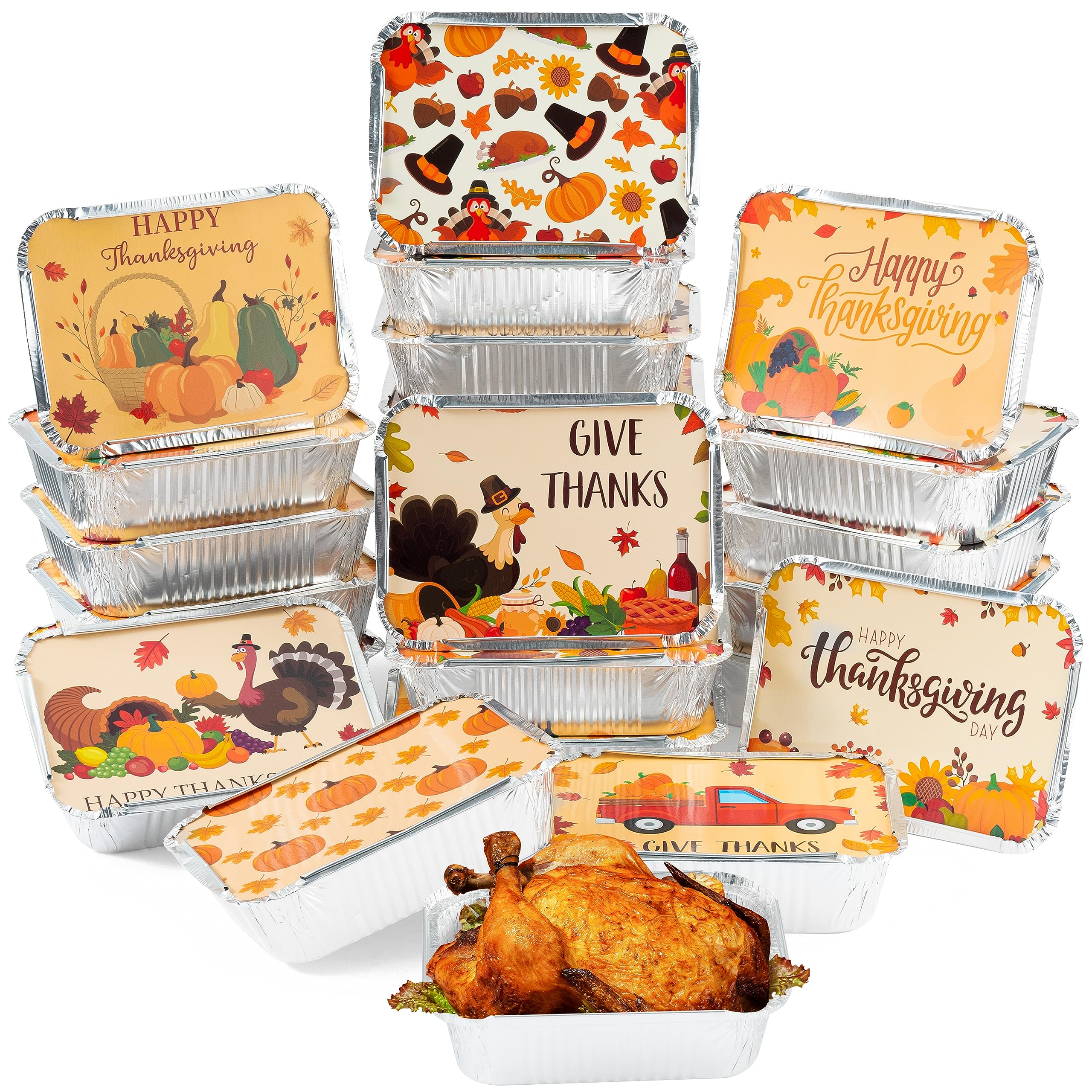 MALLMALL6 40Pcs Thanksgiving Tin Foil Containers with Lids for Treat Exchange & Goody Party Leftovers, Harvest Themed Cardboard Covers Autumn Aluminum Disposable Food Storage Pan 6.3"W X 4.3"L X 2.2"