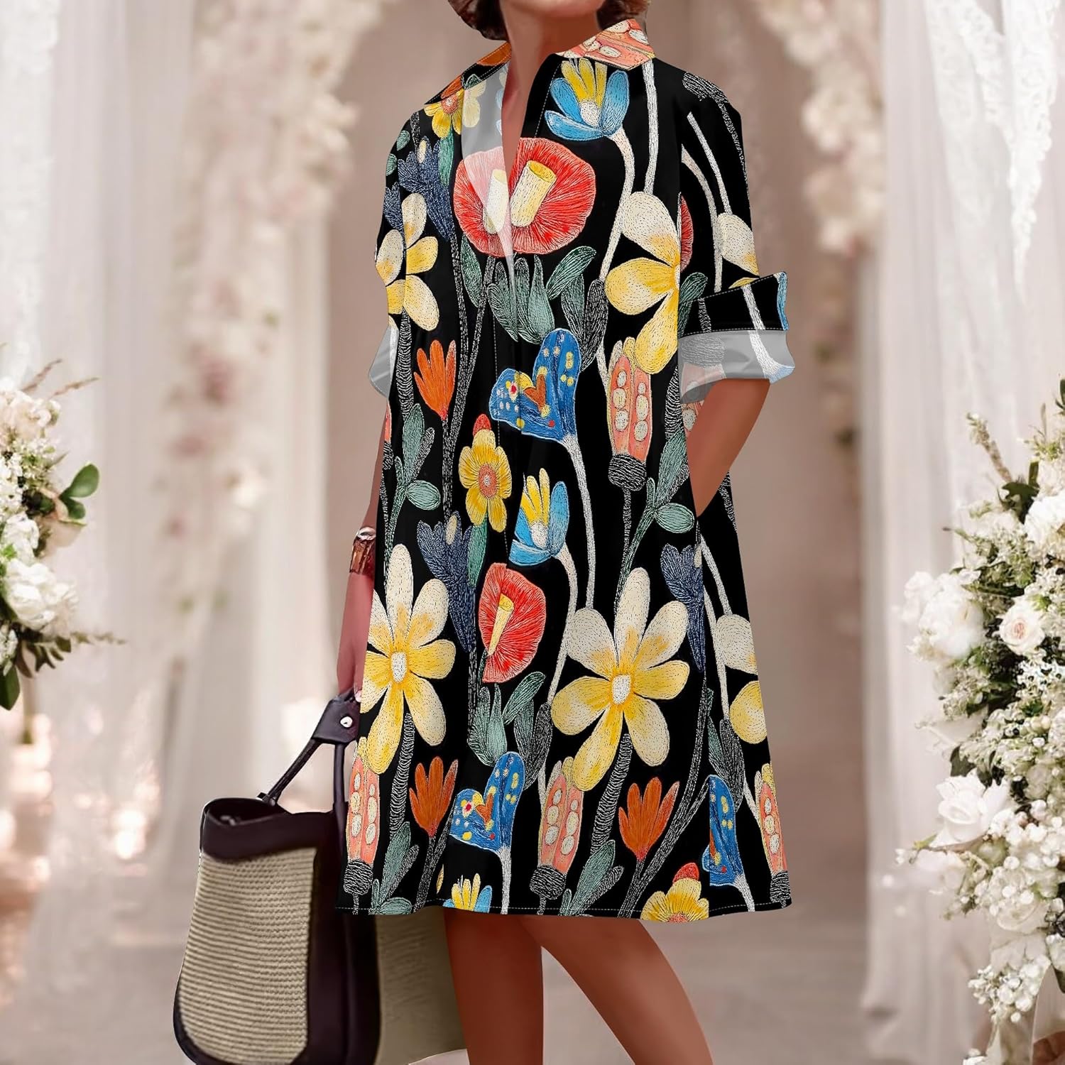 Shirt Dresses for Women 2025 Summer Long Sleeve Casual Plus Size Floral Printed Beach Vacation Dress with Pockets - Image 3