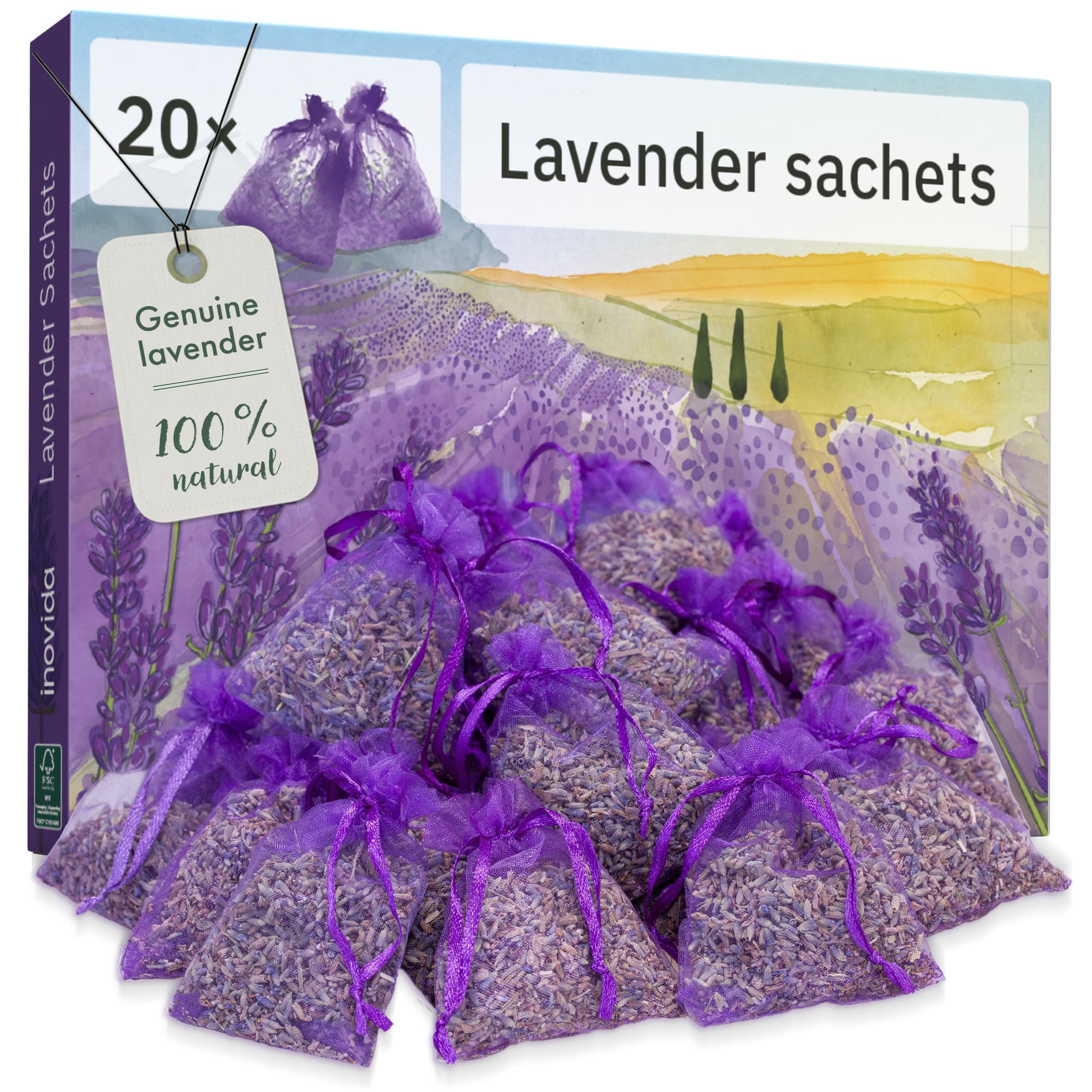 Lavender Bags : 20 Dried Lavender Flowers Bags as Natural Air Freshener and Moth Repellent for Wardrobes – Wardrobe Fresheners – Car Freshener – Room Air Freshener – Lavender Sachets by Inovida