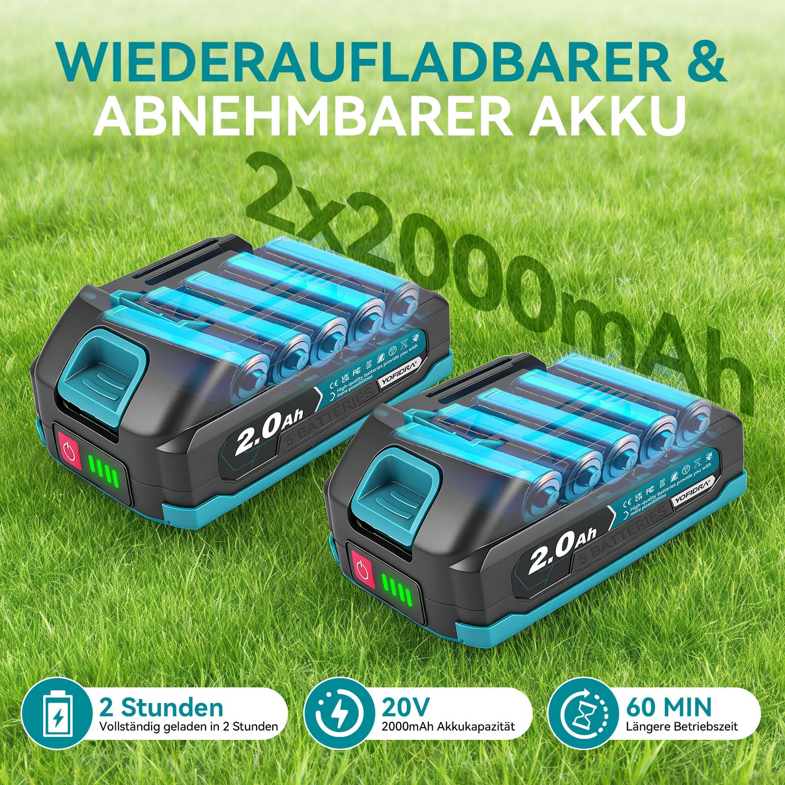 Yofidra Akku Heckenschere & Grasschere, 2-in-1 Gras und strauchschere mit 2x2.0Ah Akku, Bürstenloser Motor, Heckenschere Elektrische 90° Verstellbarer Kopf für Garten und Hecken