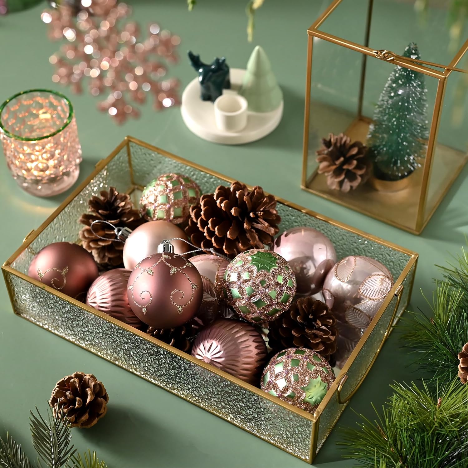 DecorbyHannah Christmas Tree Ornaments, 9ct 2.36 inches Emerald Pink Green Christmas Ornaments for Tree Decorations, Shatterproof Plastic Hanging Ball Bulk for Xmas Home Indoor Party Table Decor