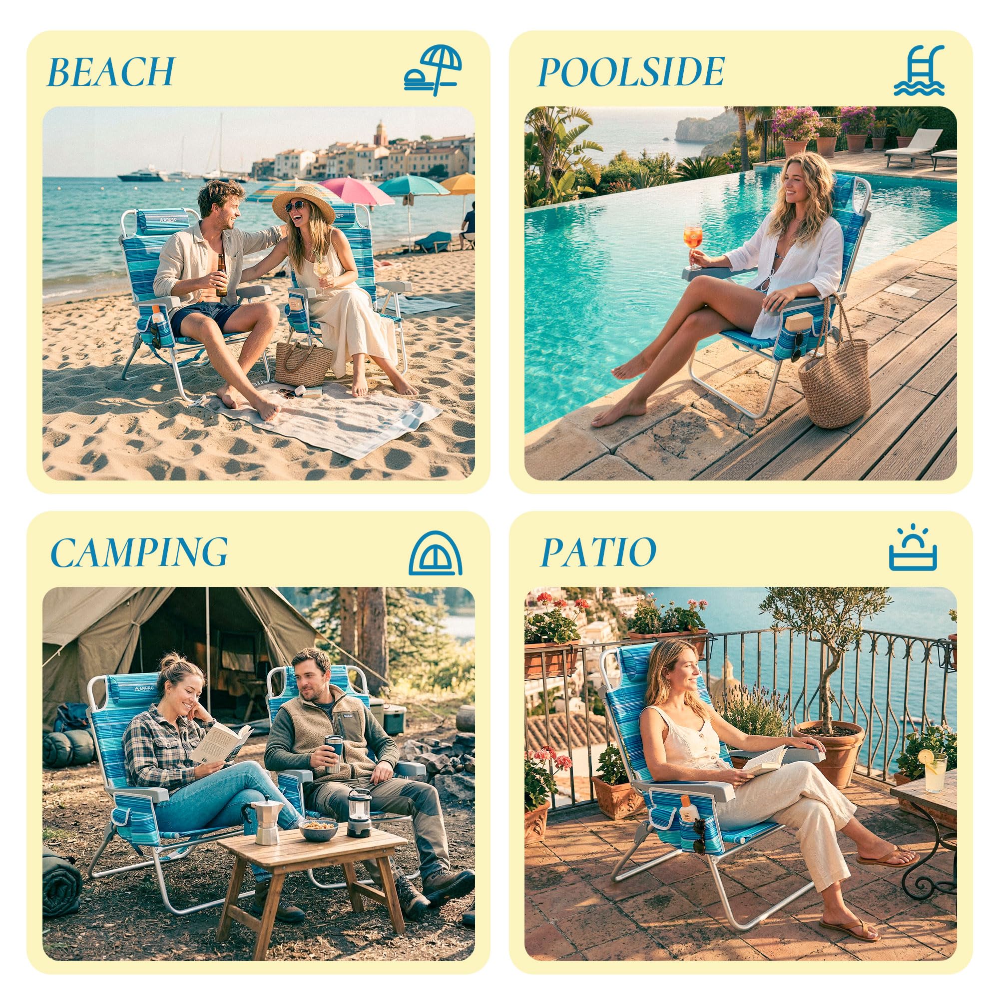 Strandstuhl Klappbar mit Hoher Sitzhöhe, Tragbarer Faltbarer Rucksack-Campingstuhl, 5-Fach Verstellbar, mit Kühltasche und Getränkehalter für Outdoor Blau