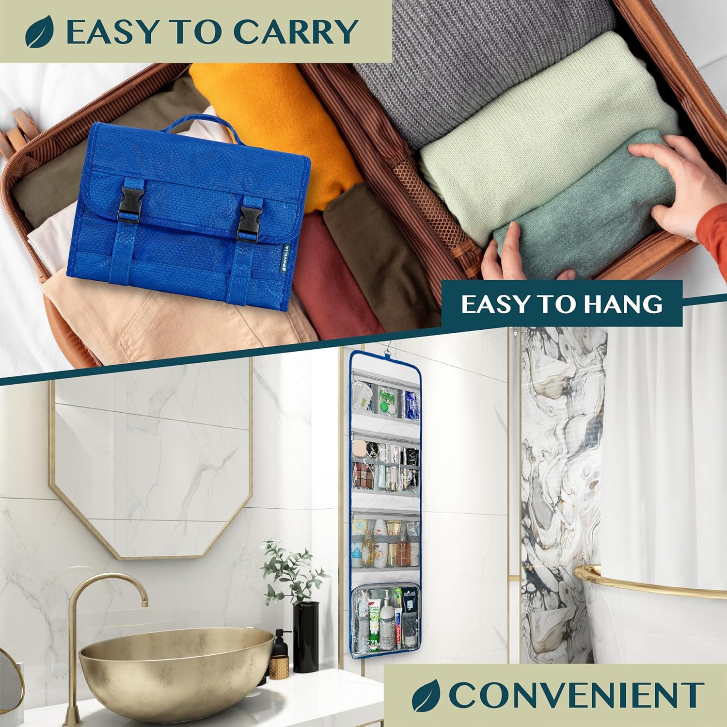 PAVILIA Travel Hanging Toiletry Bag for Women Men, Large Capacity Makeup Bag Kit, Waterproof Cosmetic Storage Organizer Case for Bathroom Shower - Image 6