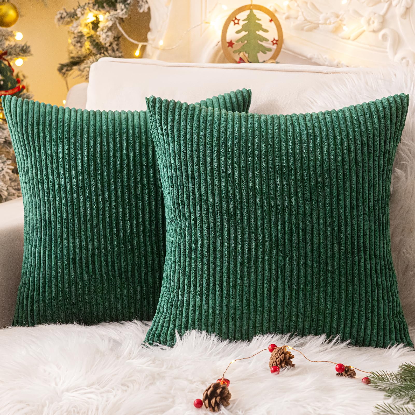 Softalker Green Spring Pillow Covers 18x18 Set of 2, Super Soft Boho Striped Corduroy Pillow Cover, Outdoor Decorative Throw Pillows for Sofa Couch