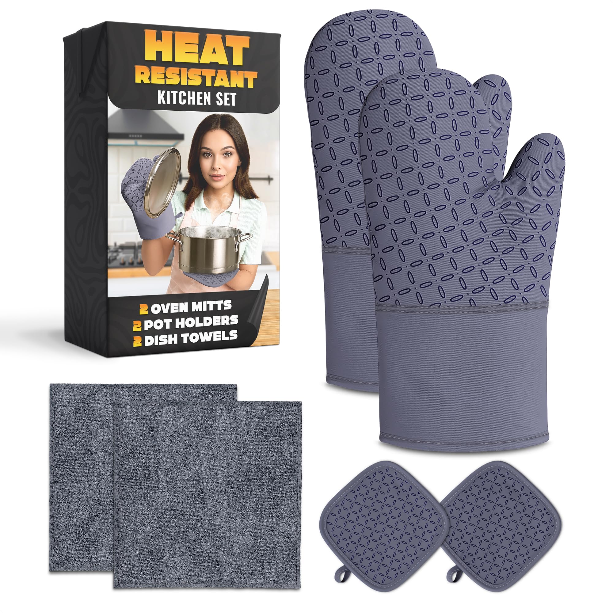 Kitchen Oven Mitts Set of 6 – Oven Mitts and Pot Holders Sets with Extra Long Mitt & Non-Slip Silicone Grip, Full Coverage & Cotton Lining – Heat Resistant Pot Holders for Baking, Cooking & Grilling