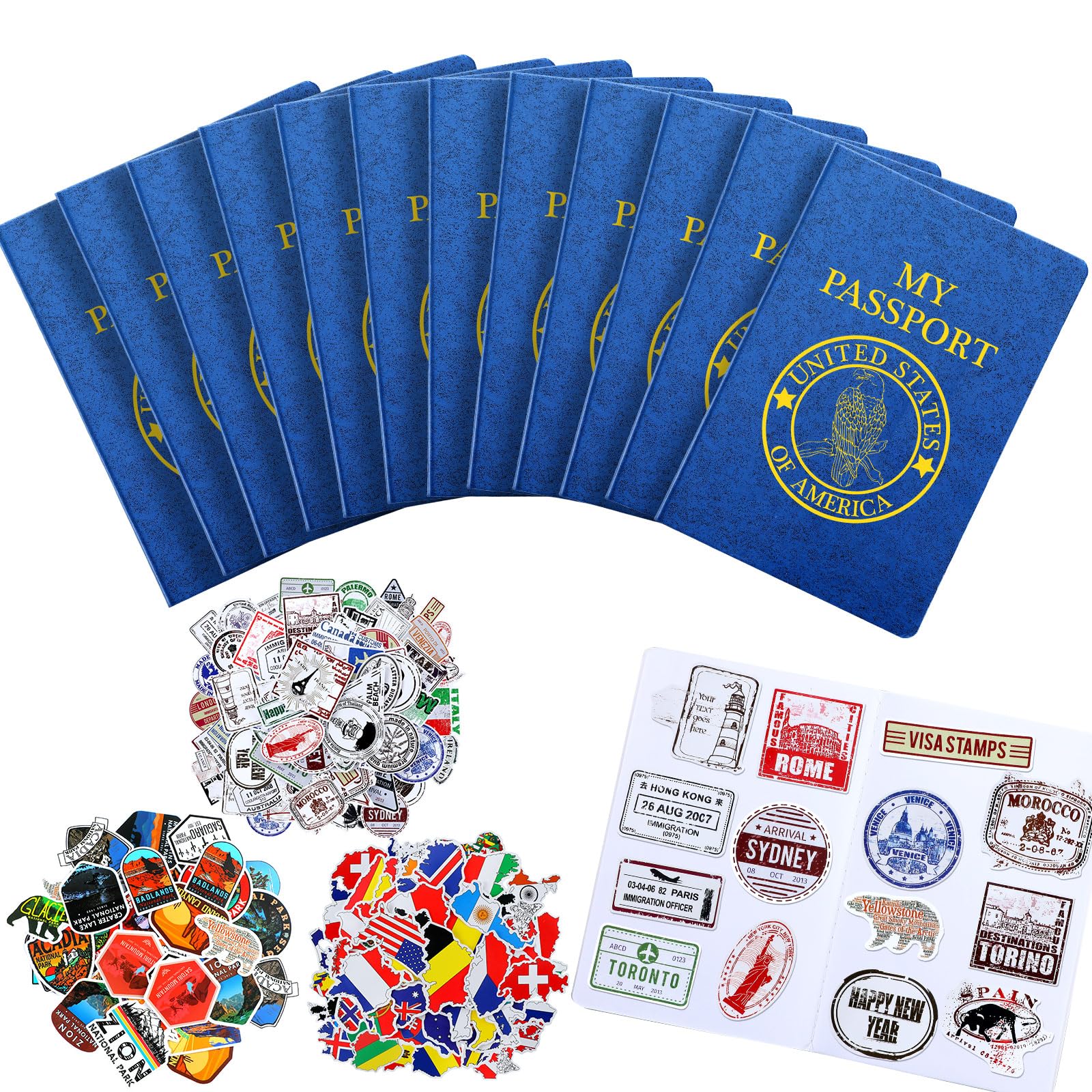 Sureio 174 Pcs Kids Passport Book with Assorted Travel Stickers for Passport Party Favors Scrapbooks Wall Decals Arts Crafts School Supplies Game Prizes Collections for Boys and Girls