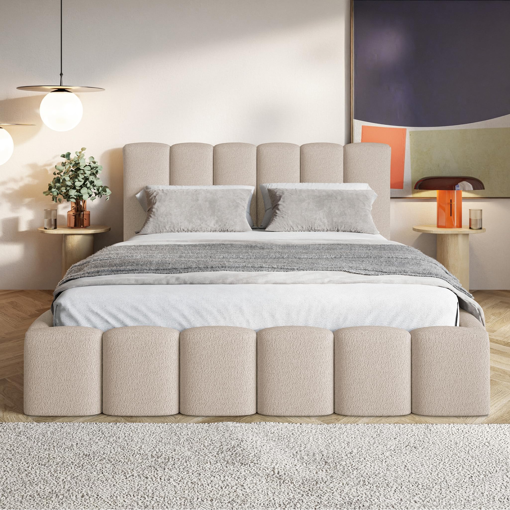 MOTIVENA Nunu Bubble Bett 180x200 Beige Boucle, mit Stauraum, mit Kopfteil, mit Lattenrost, ohne Füße, ohne Matratze, Bubble Polsterbett 180x200 mit Bettkasten Beige