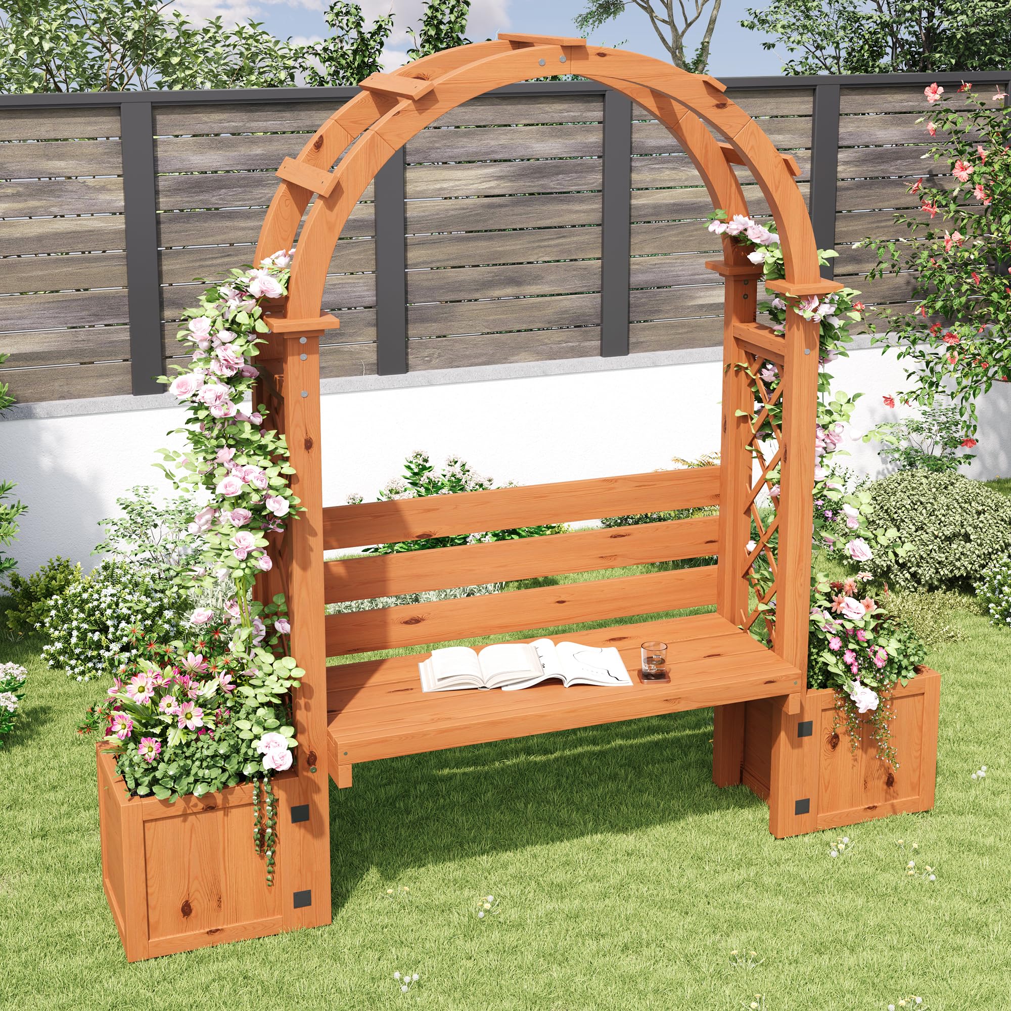 Blumenkasten mit Rankgitter, Pflanzkasten als Sichtschutz für Hof | Für Garten Balkon, Outdoor Pflanzkübel Pflanzgefäß aus Holz, Blumenkübel mit Spalier für Terrasse, 160x160x30,5 cm, Natur