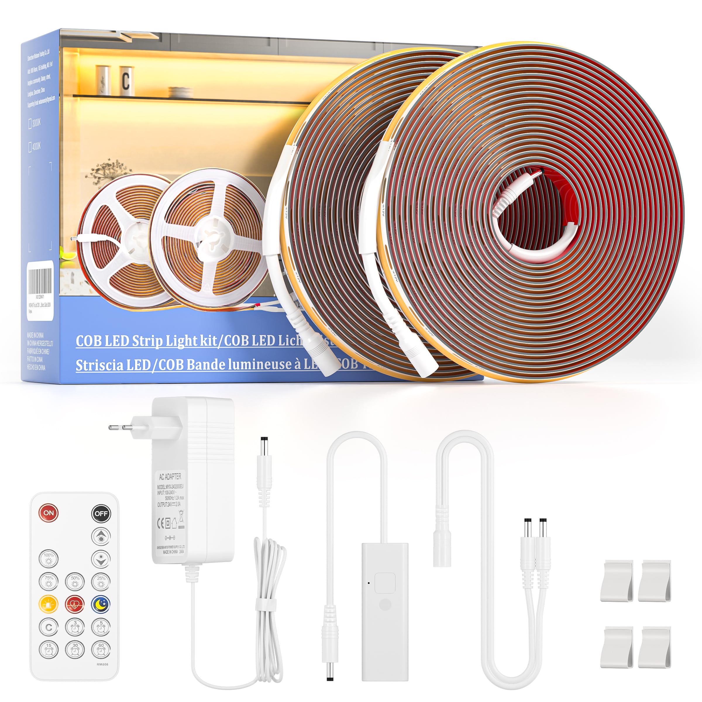 WOBANE Striscia LED COB 10 m 24 V, striscia LED dimmerabile con comando CRI 90+, strisce LED ad alta luminosità adesive con spina per cucina, camera da letto, scale, soggiorno, soffitto, bianco caldo