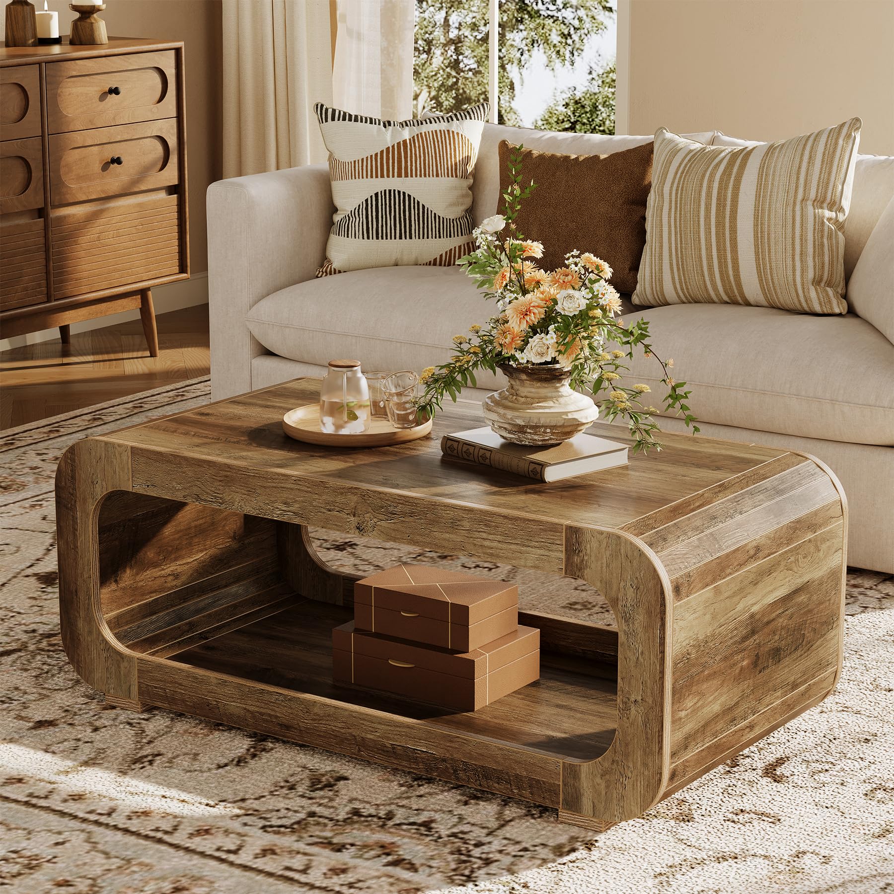 Tribesigns Couchtisch 120 cm mit offenem Stauraum, Rechteckiger Holz Wohnzimmertisch, Sofatisch mit 2 Ablagen, Kleiner Beistelltisch für Homeoffice, Wohnzimmer, Rustikal Braun