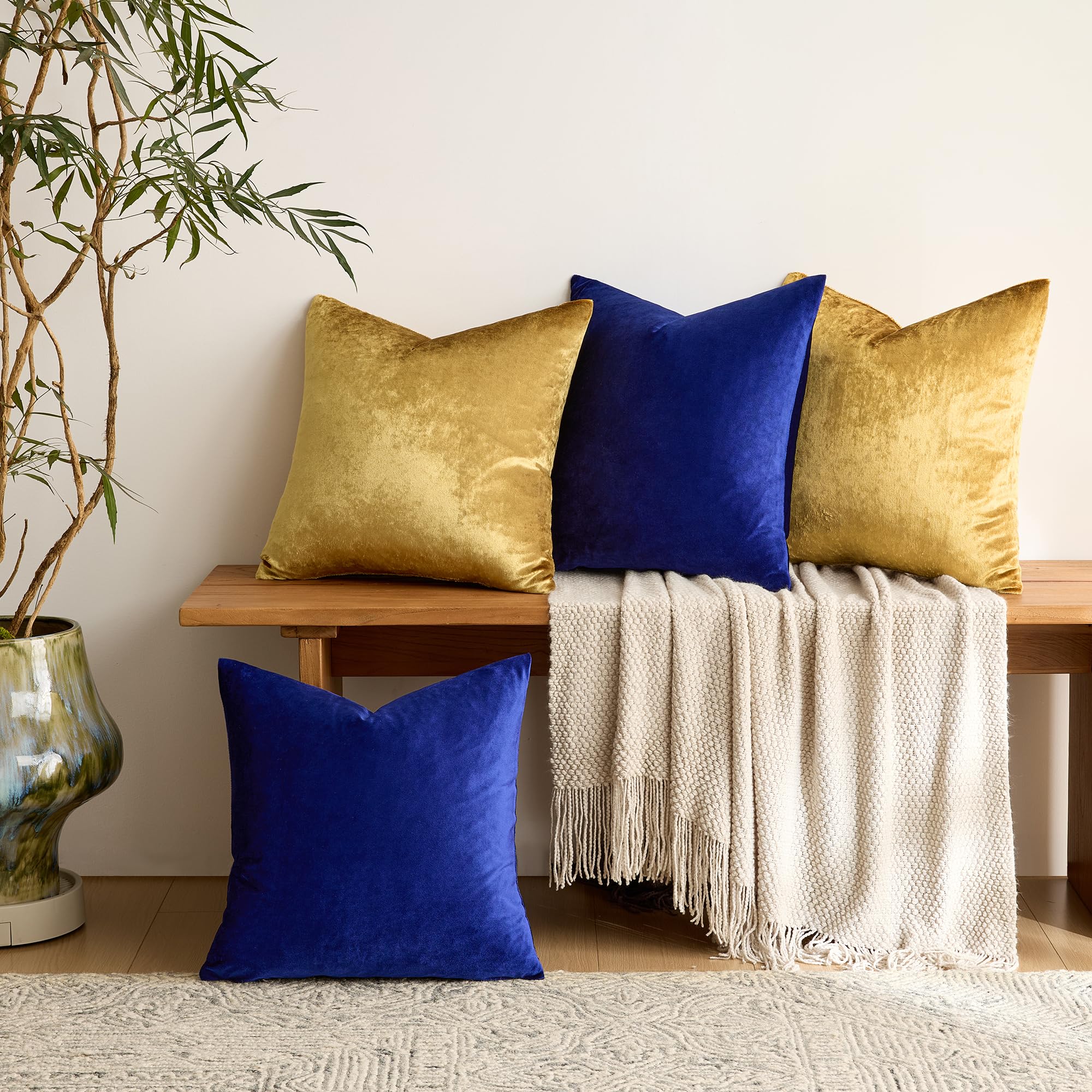 GIGIZAZA Decorative Throw Pillow Covers 18 x 18,Gold Black Soft, Set of 4 Square Velvet Cushion Covers: Blue+gold 20" x 20" (Pack of 4)