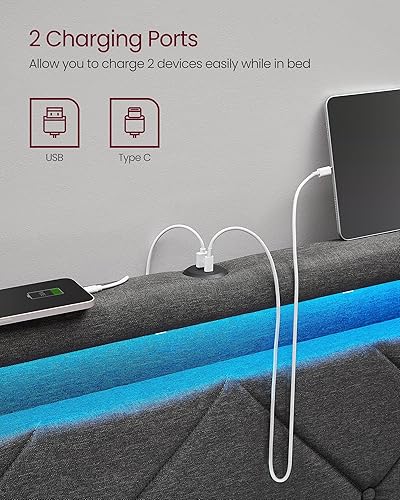 Miniatura 4 de VASAGLE Base de cama LED tamaño individual, cama individual con cabecera y 4 cajones, 1 puerto USB y 1 puerto tipo C, cabecera tapizada ajustable de