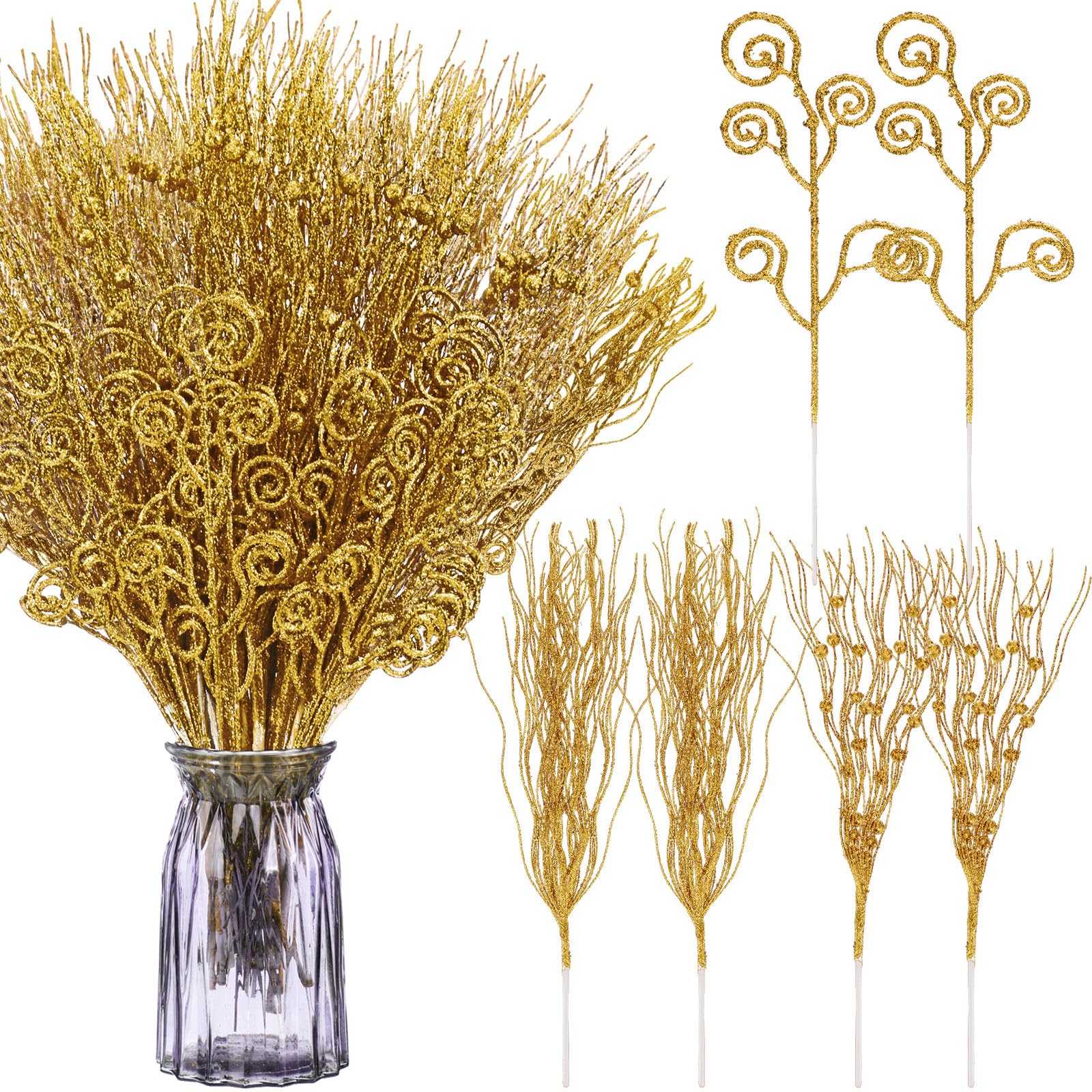 Tigeen 48 Pcs Christmas 17'' 12'' Artificial Glitter Curly Berry Stems Ornaments Fake Christmas Candy Picks Decorative Glitter Sticks Branches for Xmas Tree Wreath DIY Crafts Vase Filler(Gold)
