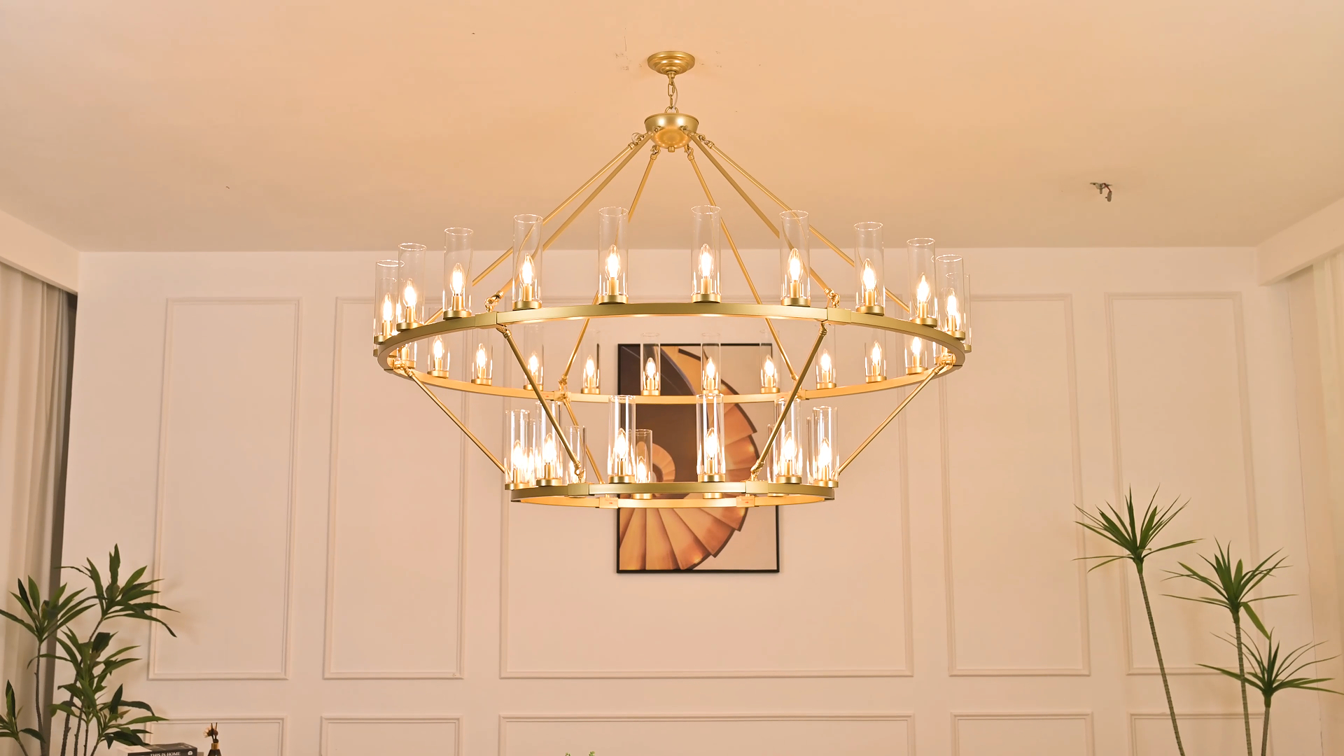 Image of 63 Inch Large Gold Wagon Wheel Chandelier with Clear Glass Shade 2 Tier 36-Lights Round Pendant Light Farmhouse Industrial Chandeliers Dining Room Light Fixture for Stair Living Room Foyer