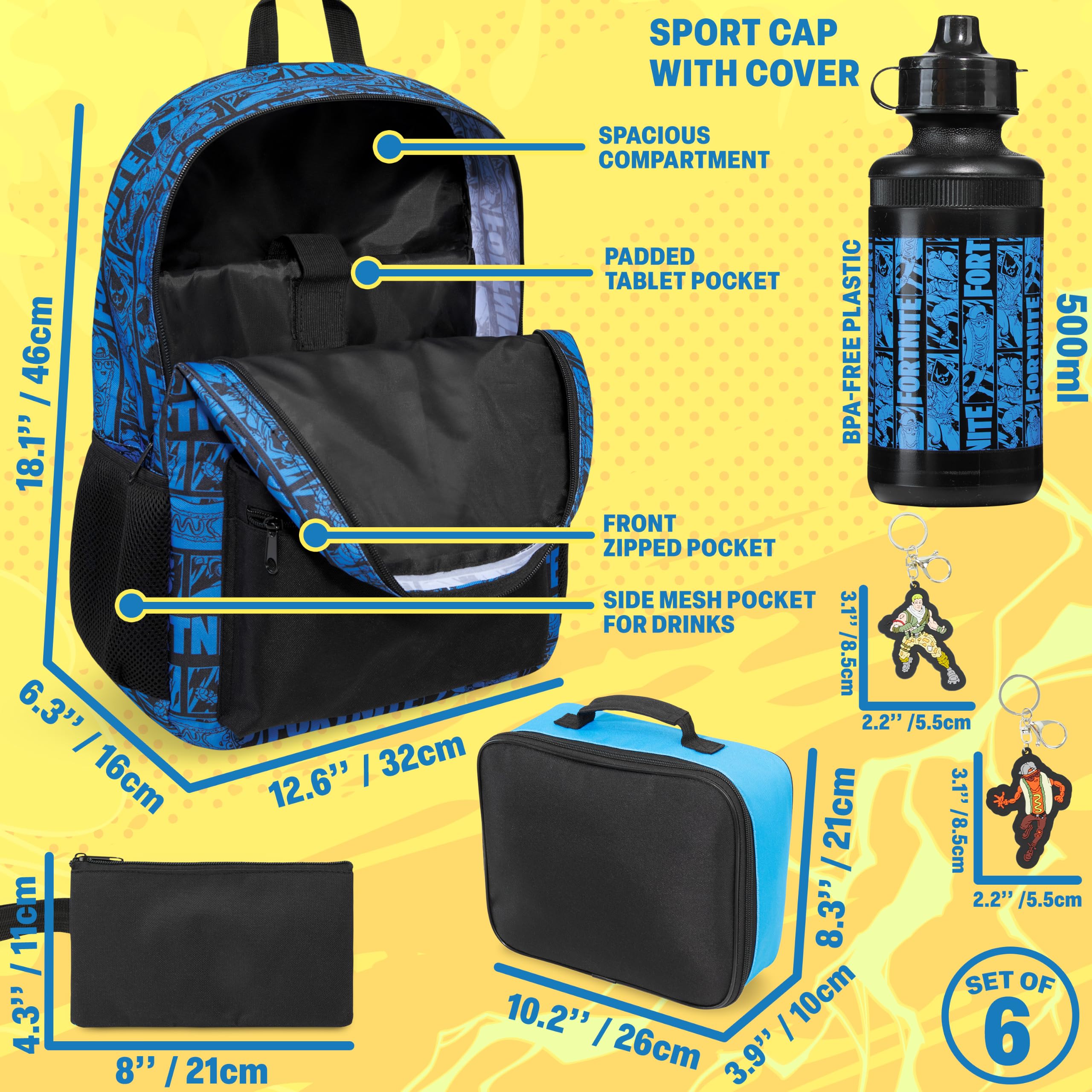 Get Trend Fortnite Sac a Dos Enfant Garcon Set, 6 Pièces avec Grande Sac à Dos 46cm, Sac Isotherme Repas, sans BPA Gourde Sport, Trousse Scolaire et Porte Clés, Cadeau Enfant