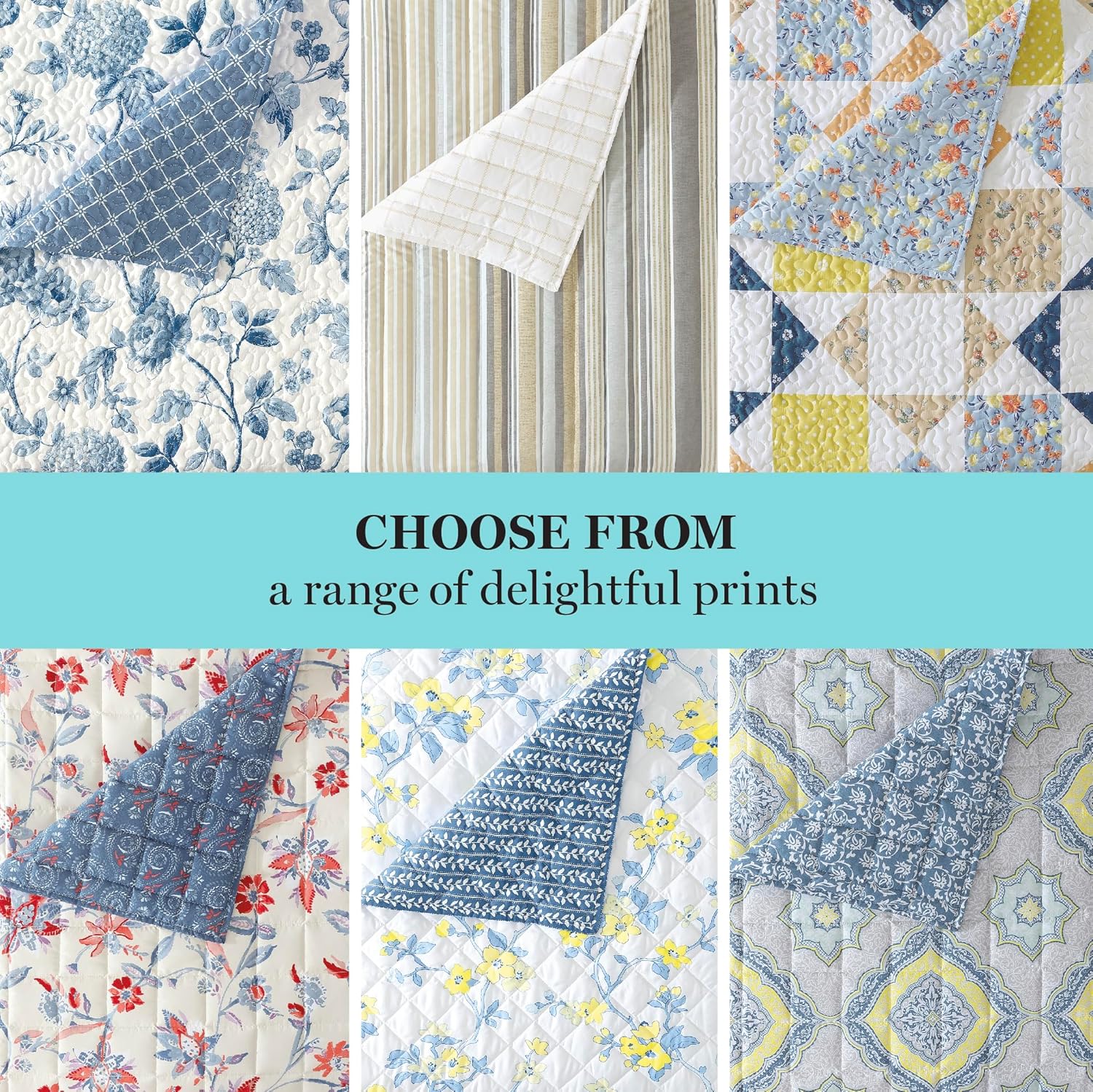 Martha Stewart Full Queen Size Quilt Bedding Set - 3 Piece, Soft Washed Microfiber, Printed Bedspread, Reversible, All Season, 1 Quilt, 2 Standard Pillow Shams, Blue & Gray, Jamie Medallion Print