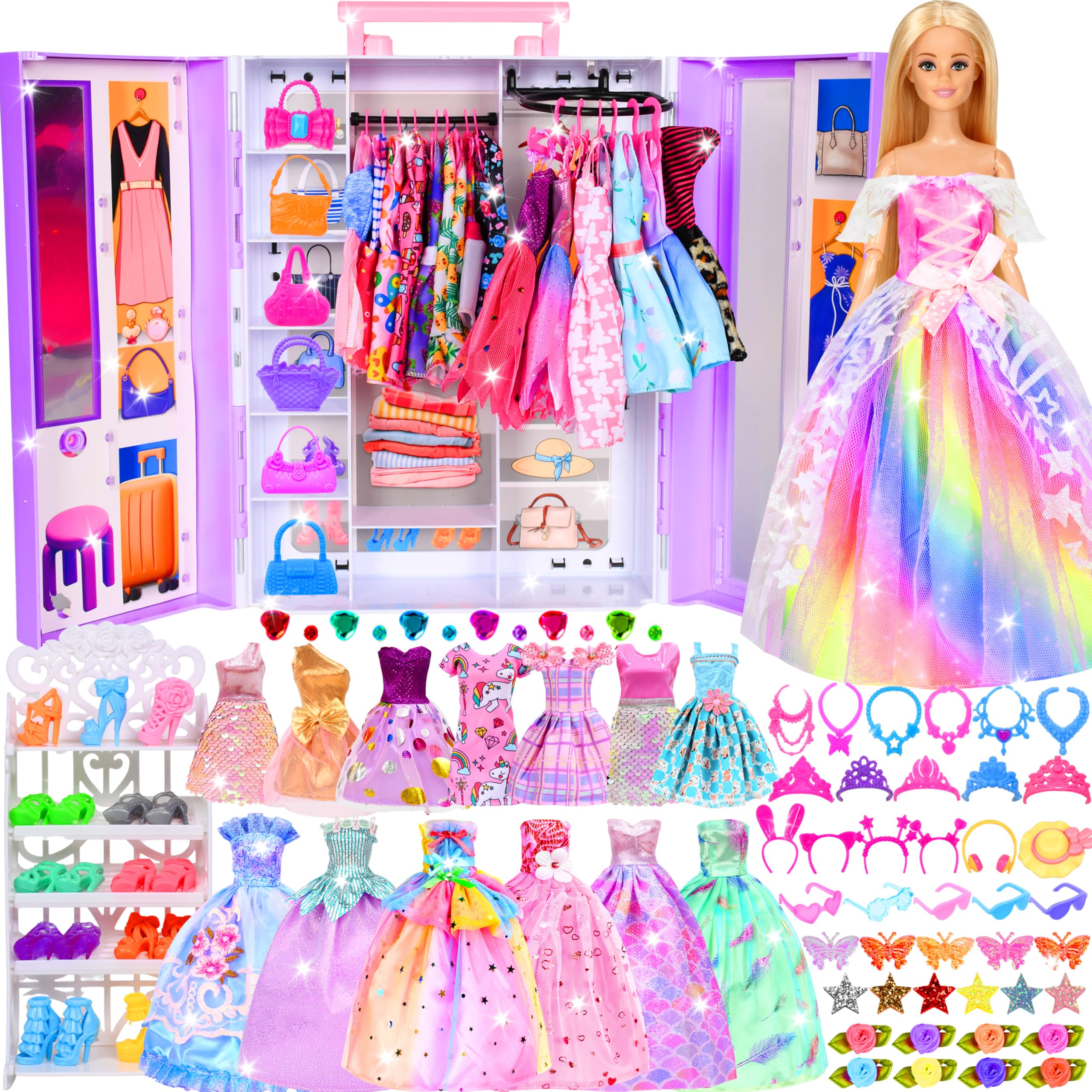 Ensemble de vêtements et accessoires pour poupée avec armoire
