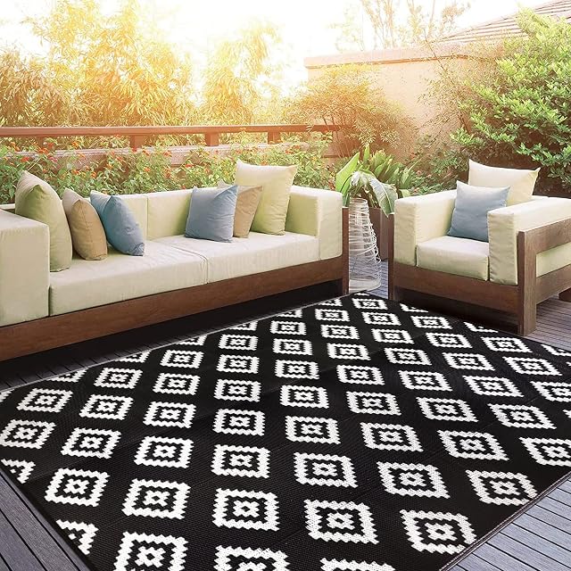 Homcomodar Outdoor Rug for Patio Clearance 180x270cm Plastic Straw Rug UV Resistant Camping Mat Waterproof Patio Rug Reversible Mat for BBQ Picnic Balcony Beach Deck(Black)