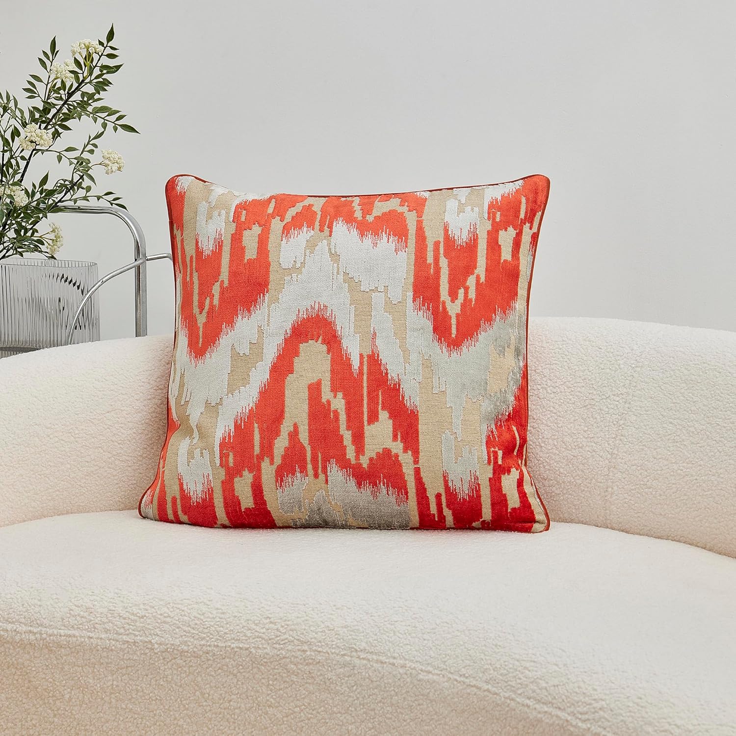 THE-TINOART Ikat Cut Velvet Throw Pillow Covers Cases Soft Orange Pillow Cover Elegant Luxurious Large Decorative Cushion Covers for Couch Bed Sofa Chair Home Decor Decorations 24x24inch 1piece