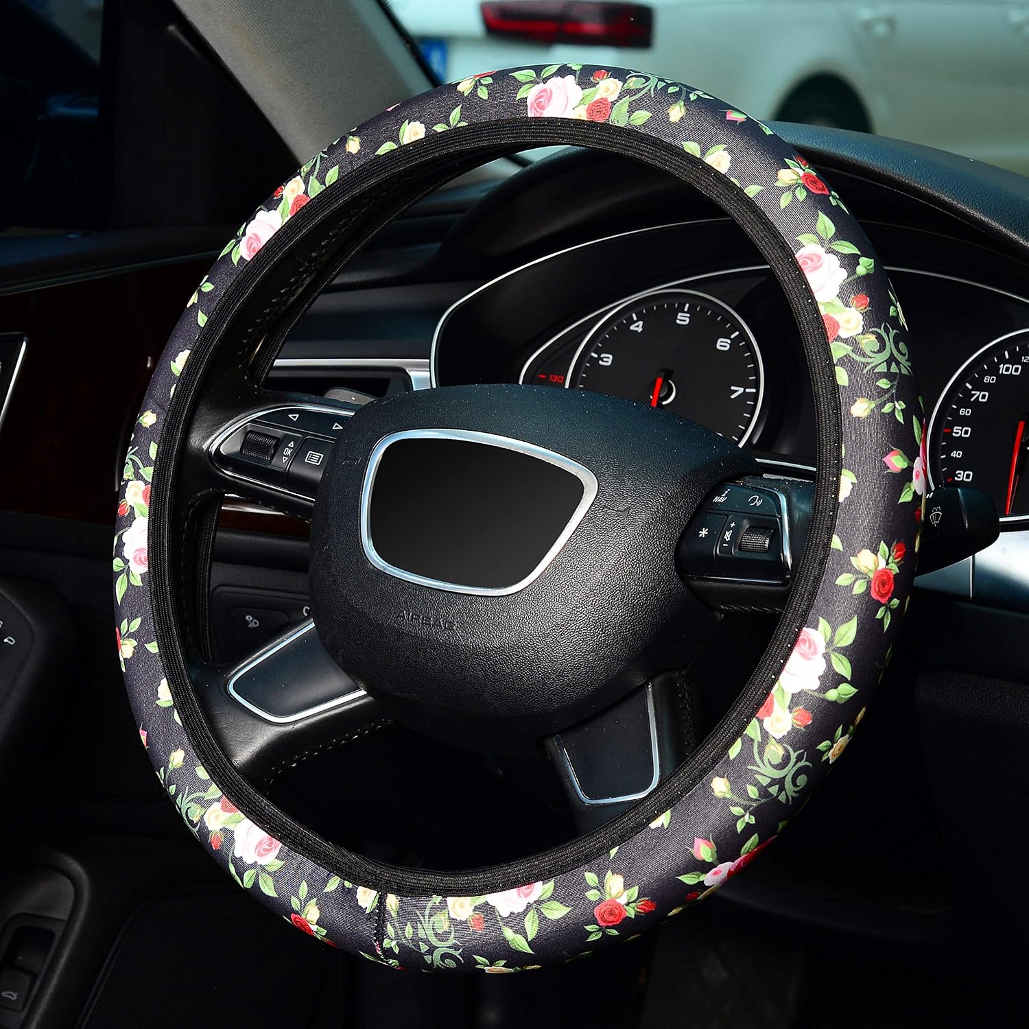 LABBYWAY Steering Wheel Covers Universal 15 Inch, Cute Car Steering Wheel Accessories for Women Girls, Rose