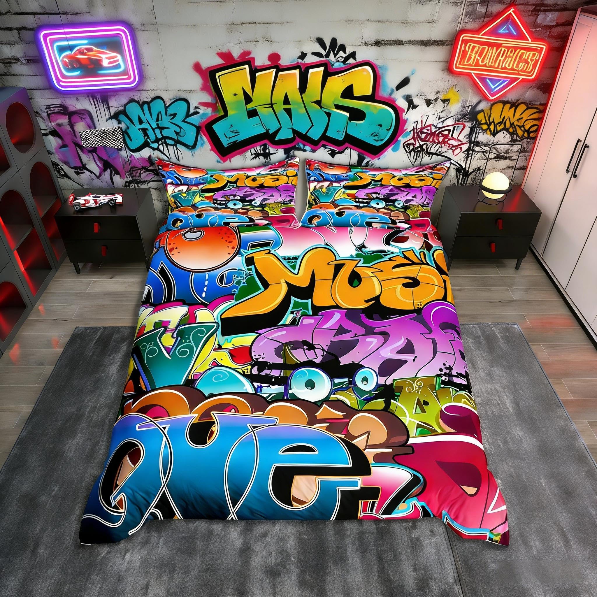 richhome Graffiti style Bedding Set Double Size theme Hip Hop Kids Comforter Cover Set teenage boy illustration, decoration for young Duvet Cover Set Street Culture 3 pieces — image 1