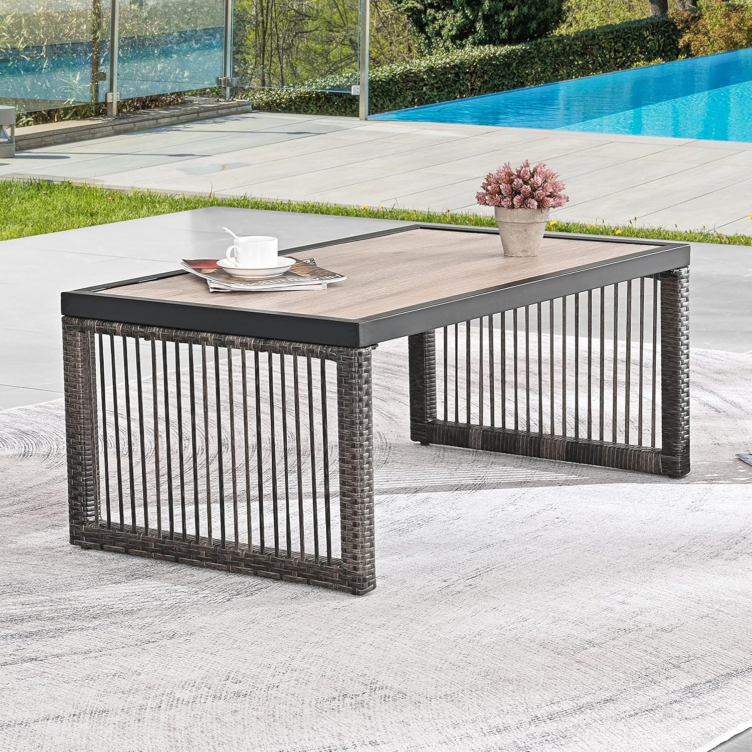 Festival Depot Wicker Patio Coffee Table All-Weather Metal Square Dining Table Waterproof Outdoor Sectional Furniture with DPC Desktop for Bistro Balcony Garden Pool Lawn Backyard