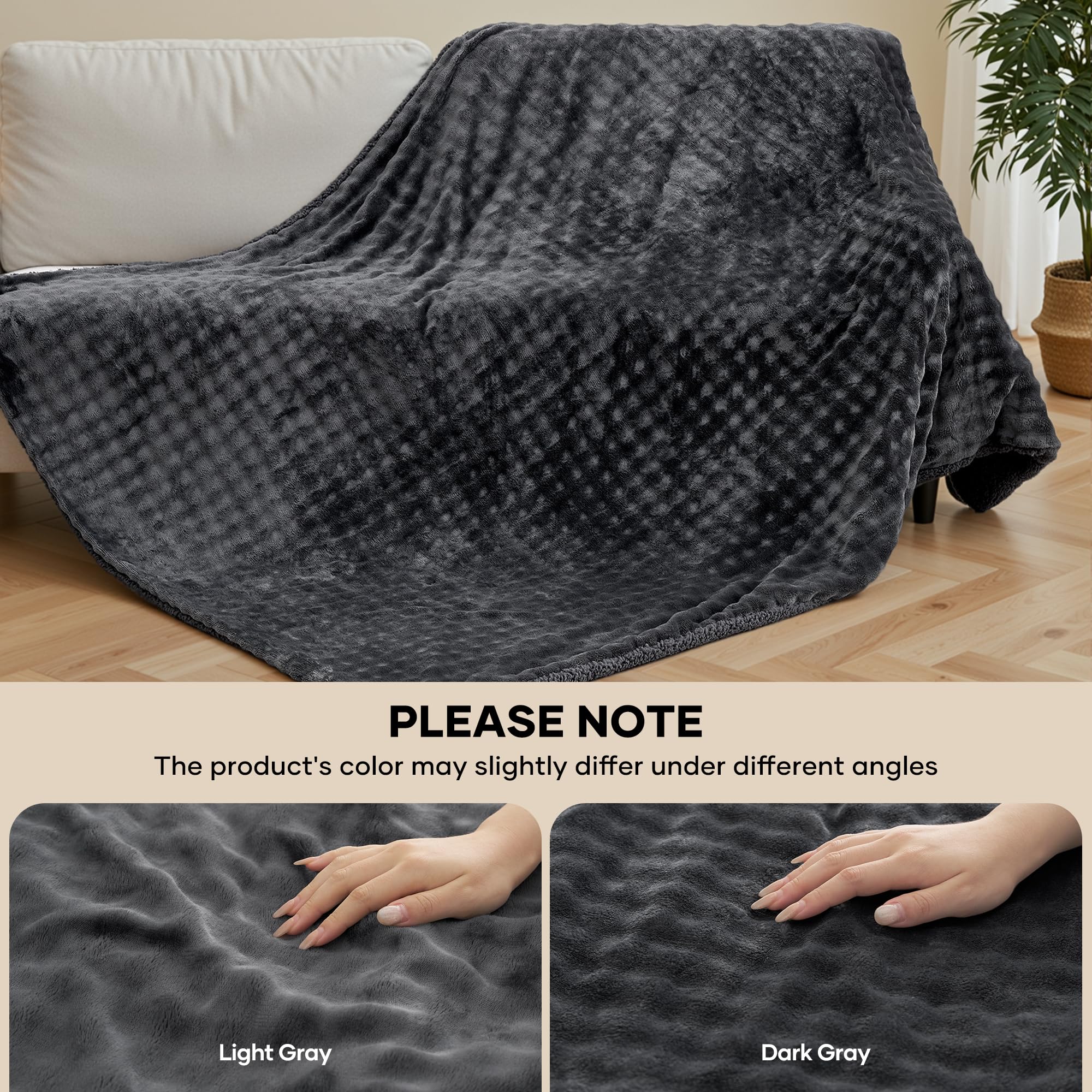 Coperta Elettrica Riscaldante 150x200cm, Motivo a Bolle 3D, Peluche Soft e Sherpa Rinforzato, 6 Livelli di Calore, Timer 1-10H, Coperta Elettrica Doppia per Letto Divano Ufficio, Lavabile, Grigio