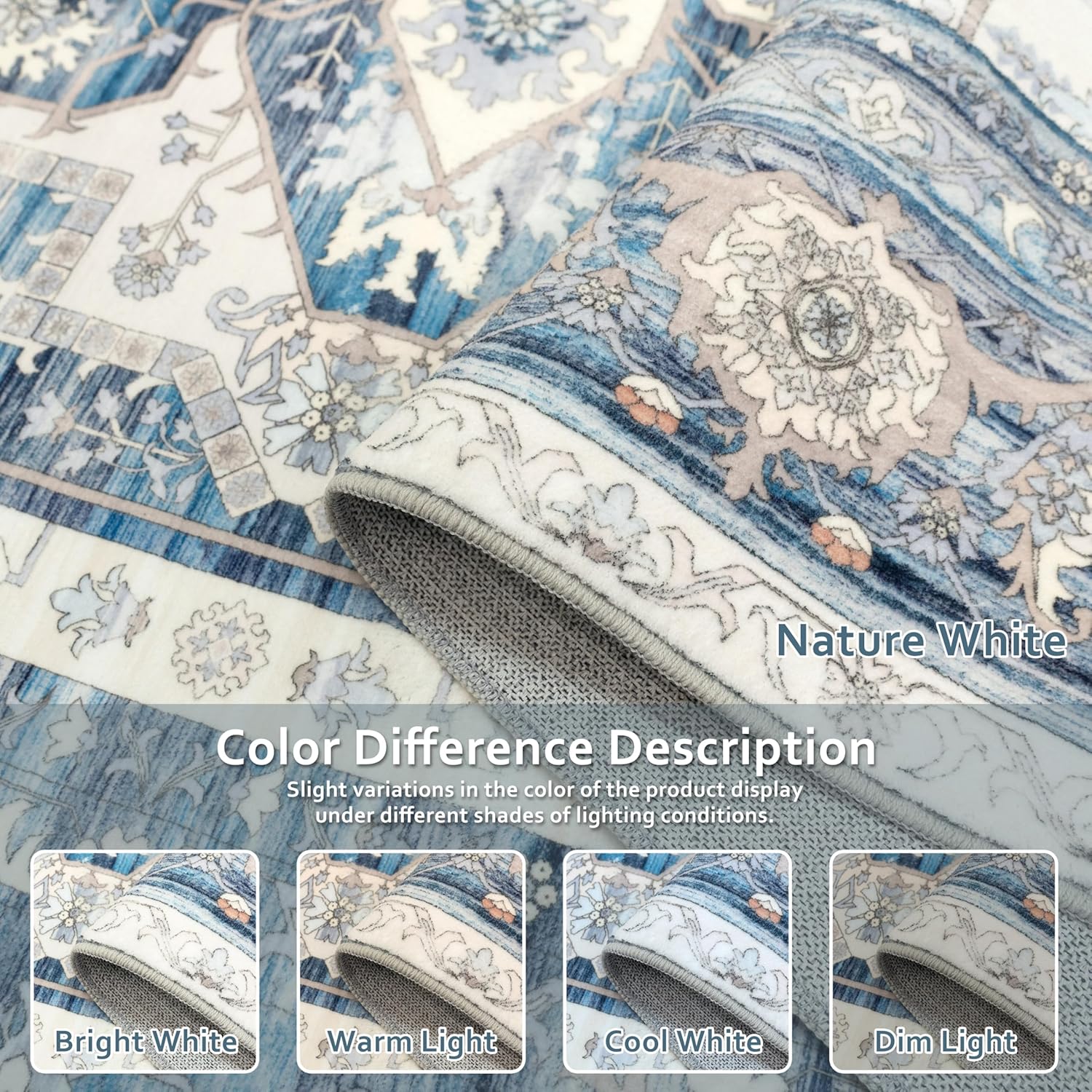 DriftAway Area Rug 5x7 Washable Rugs for Living Room Non Slip Rubber Backing Low Pile Non Shedding Carpet Friendly Boho Foldable Vintage Rugs for Bedroom Dining Room Navy Blue