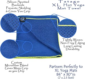 Tatago Extra Large Yoga Mat and Towel Set with Strap. Natural Rubber XL Yoga Mat & Silicone Gripped XL Yoga Towel Combo.