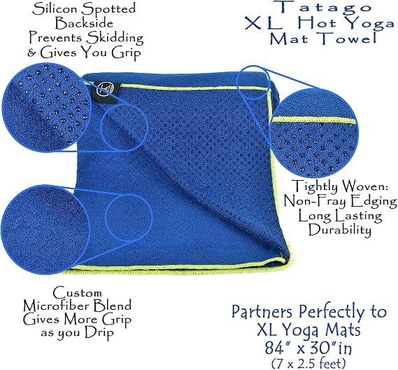 Tatago Extra Large Yoga Mat and Towel Set with Strap. Natural Rubber XL Yoga Mat & Silicone Gripped XL Yoga Towel Combo.