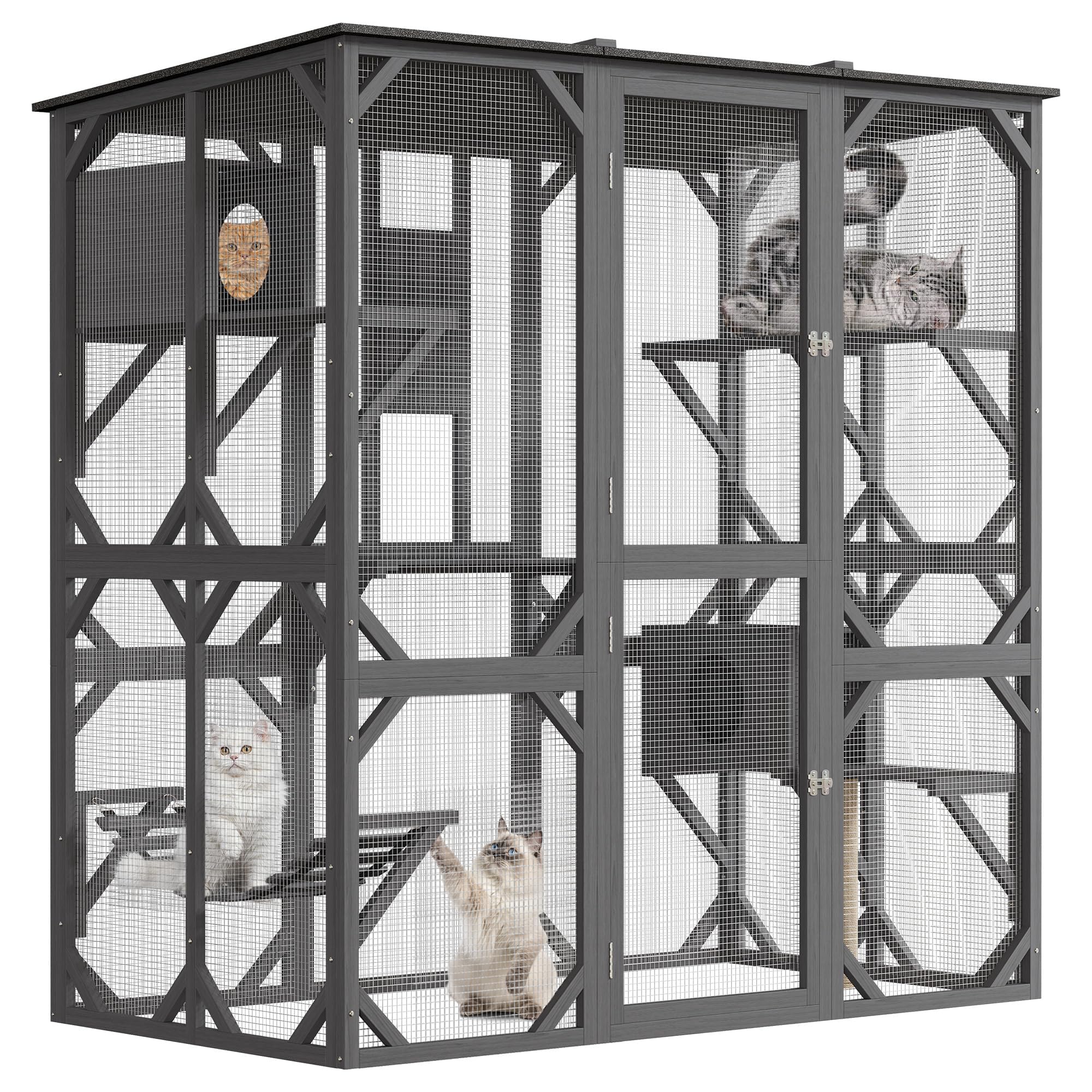 70'' Walk-in Window Catio Outdoor,Large Wooden Cat Enclosure with 4 Jumping Platforms & 2 Napping Houses,Swing Hammock, Sisal Post,Slide Door,UV Resistant for Indoor Outdoor