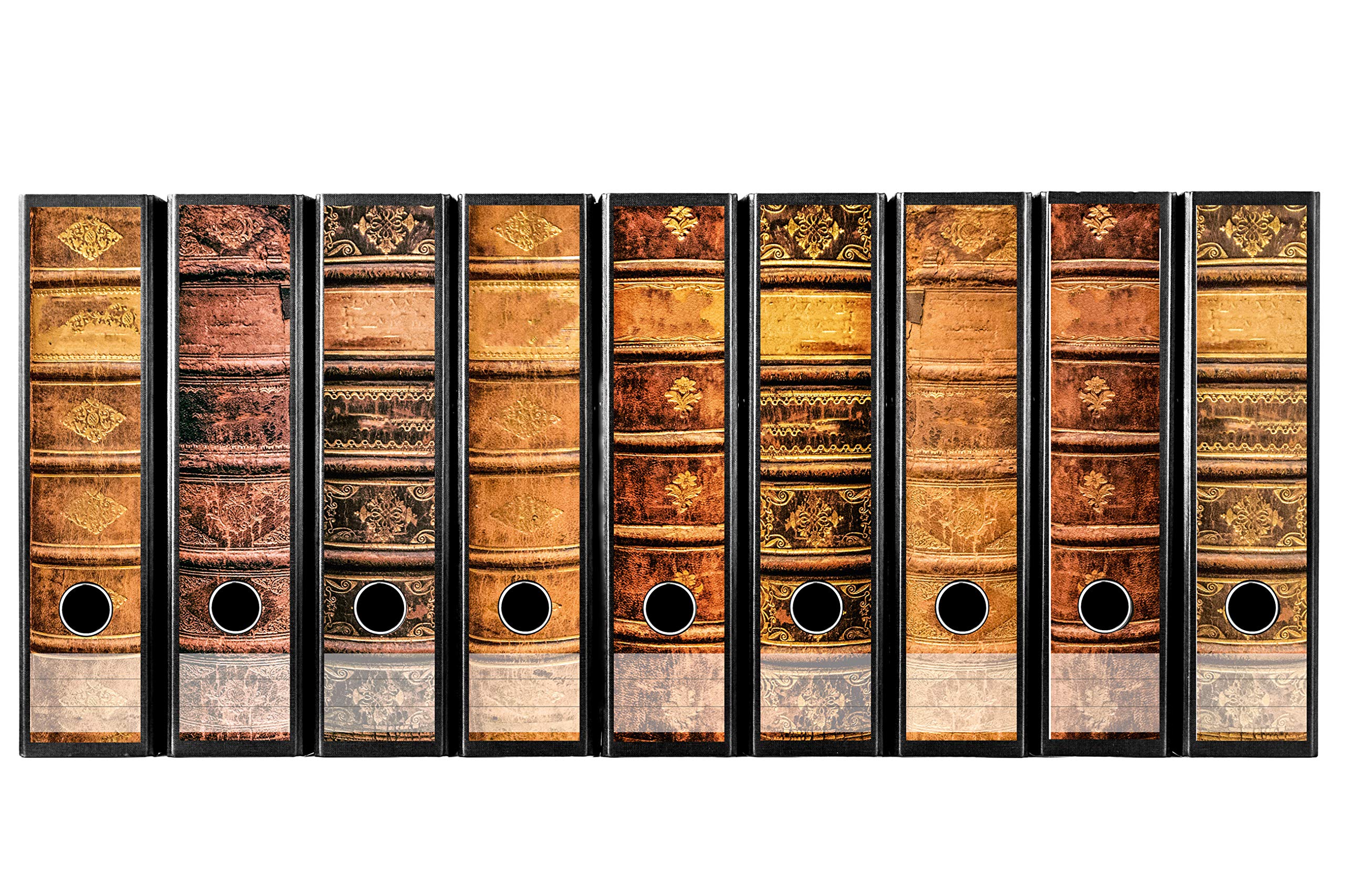 codiarts. Etiquettes à design pour 9 classeurs A4 à dos large - Motif : livres anciens reliés en cuir/livres anciens - Vintage -