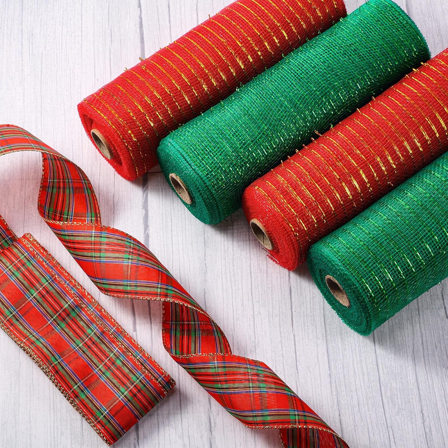 Chunyin 5 Rolls Christmas Red Plaid 30 Feet Each Roll Red Green and Black Rolls Set Poly Burlap Mesh with Ribbon Plaid 10 Inches for Christmas Day Party Decor Gift Wrapping DIY Crafts, Plaid Style