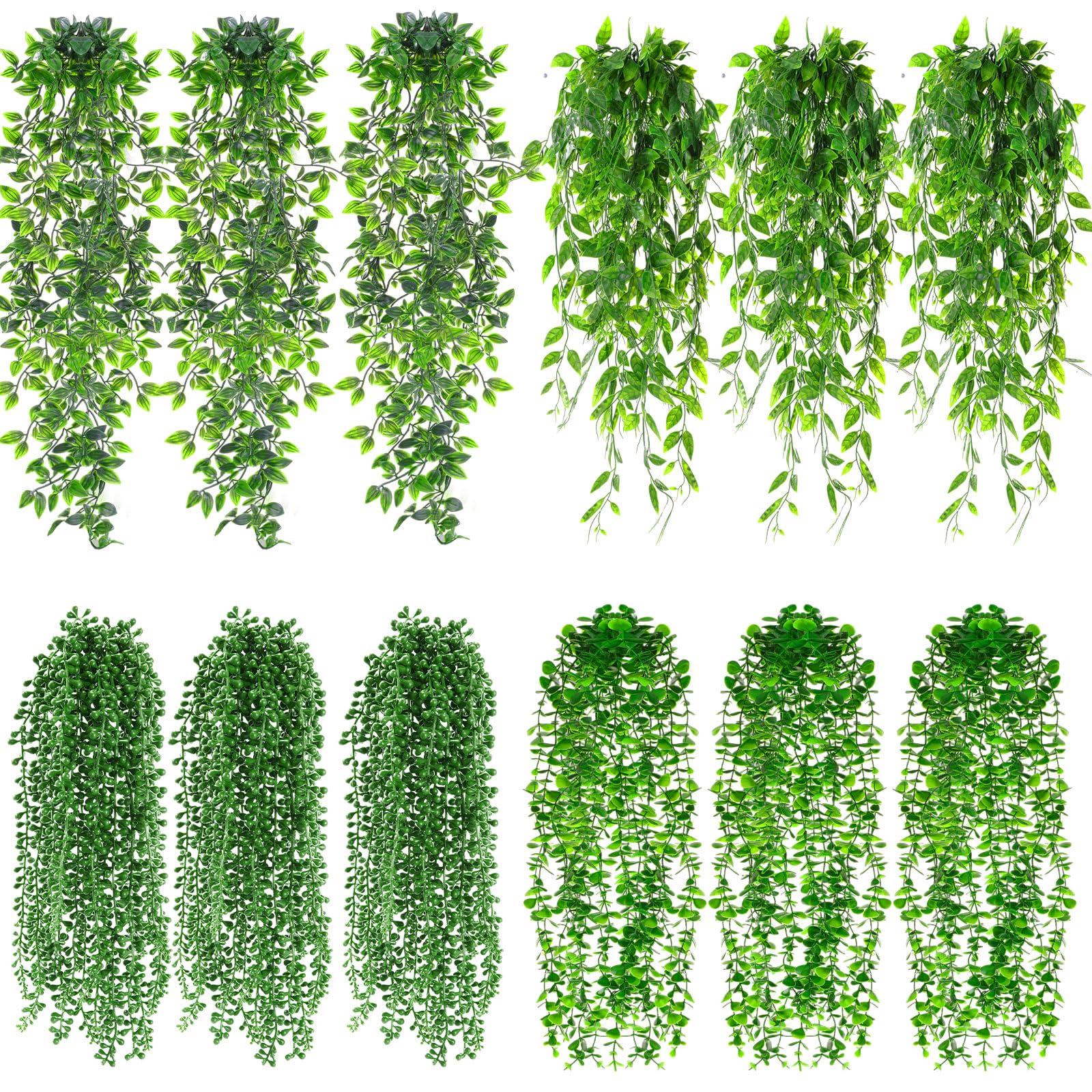 Photo 1 of ***STOCK PHOTO FOR REFERENCE ONLY*** Daifunli 12 Pcs Artificial Hanging Plants Fake Hanging Ferns Plastic Faux Plants for Wall Room Garden Garland Indoor Outdoor Decor No Basket (Eucalyptus,Mandala,String of Pearls,Pea)