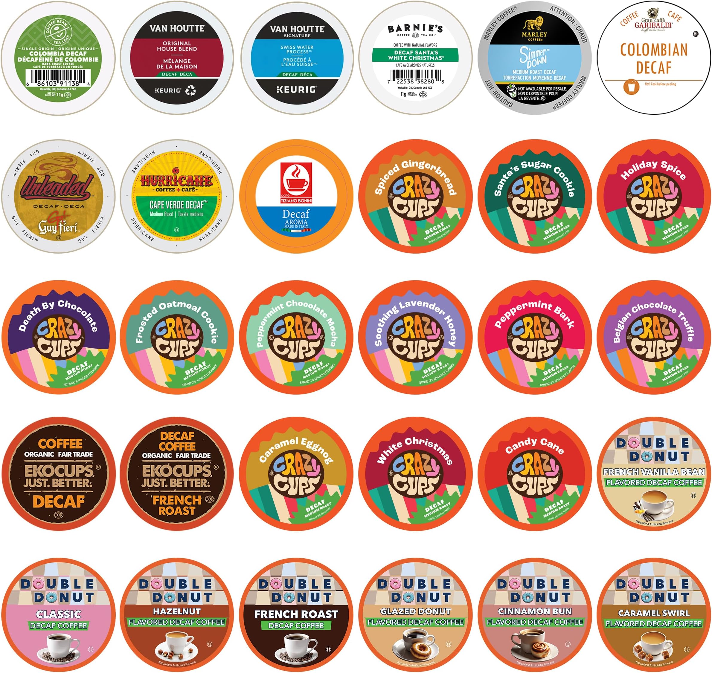 Decaf Coffee Pods Variety Pack Sampler, Assorted Unflavored & Flavored Coffee Pods Compatible with Keurig K Cups Brewers, Decaffeinated Coffee Capsules, 30 Count - No Duplicates (Pack of 1)