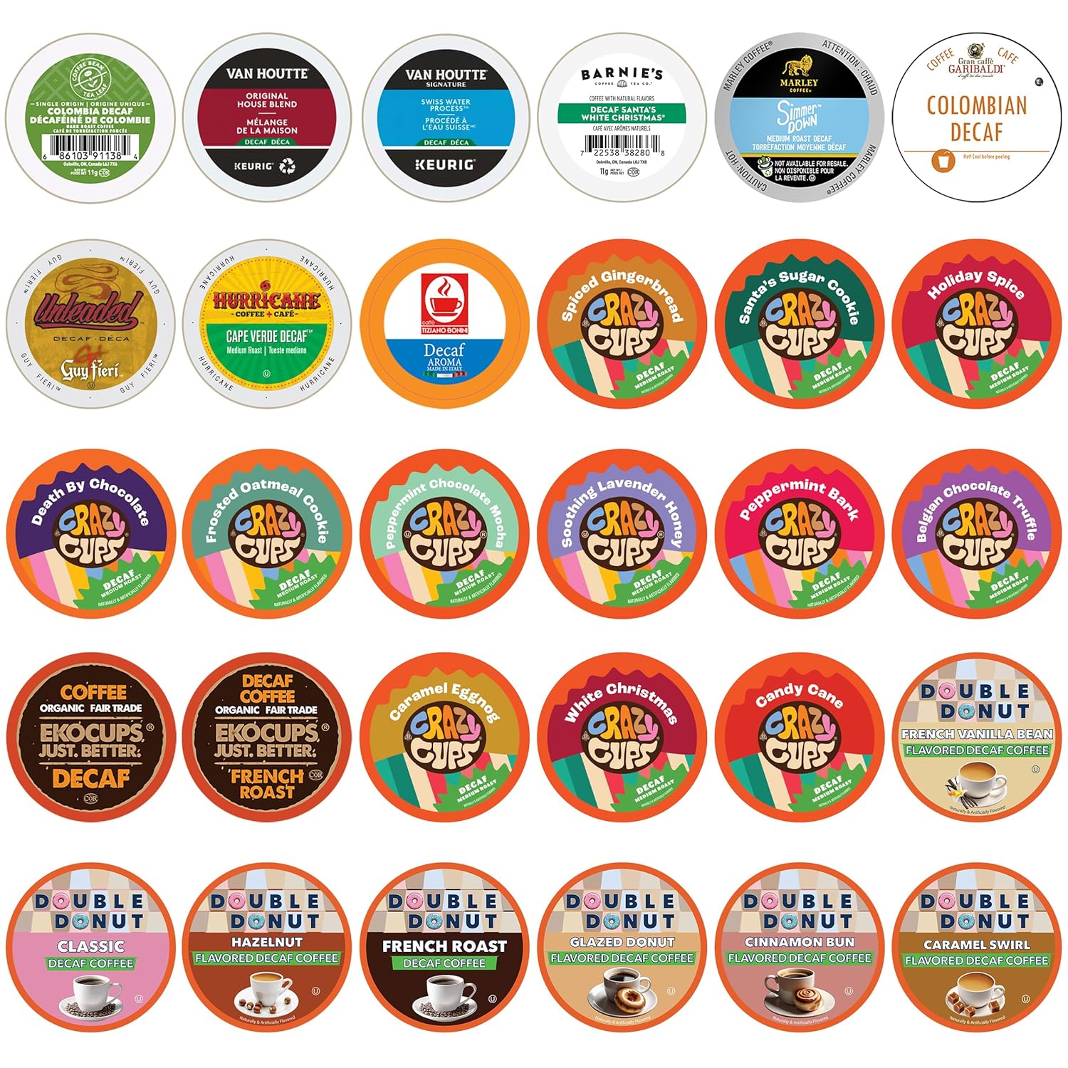 Decaf Coffee Pods Variety Pack Sampler, Assorted Unflavored & Flavored Coffee Pods Compatible with Keurig K Cups Brewers, Decaffeinated Coffee Capsules, 30 Count - No Duplicates (Pack of 1)
