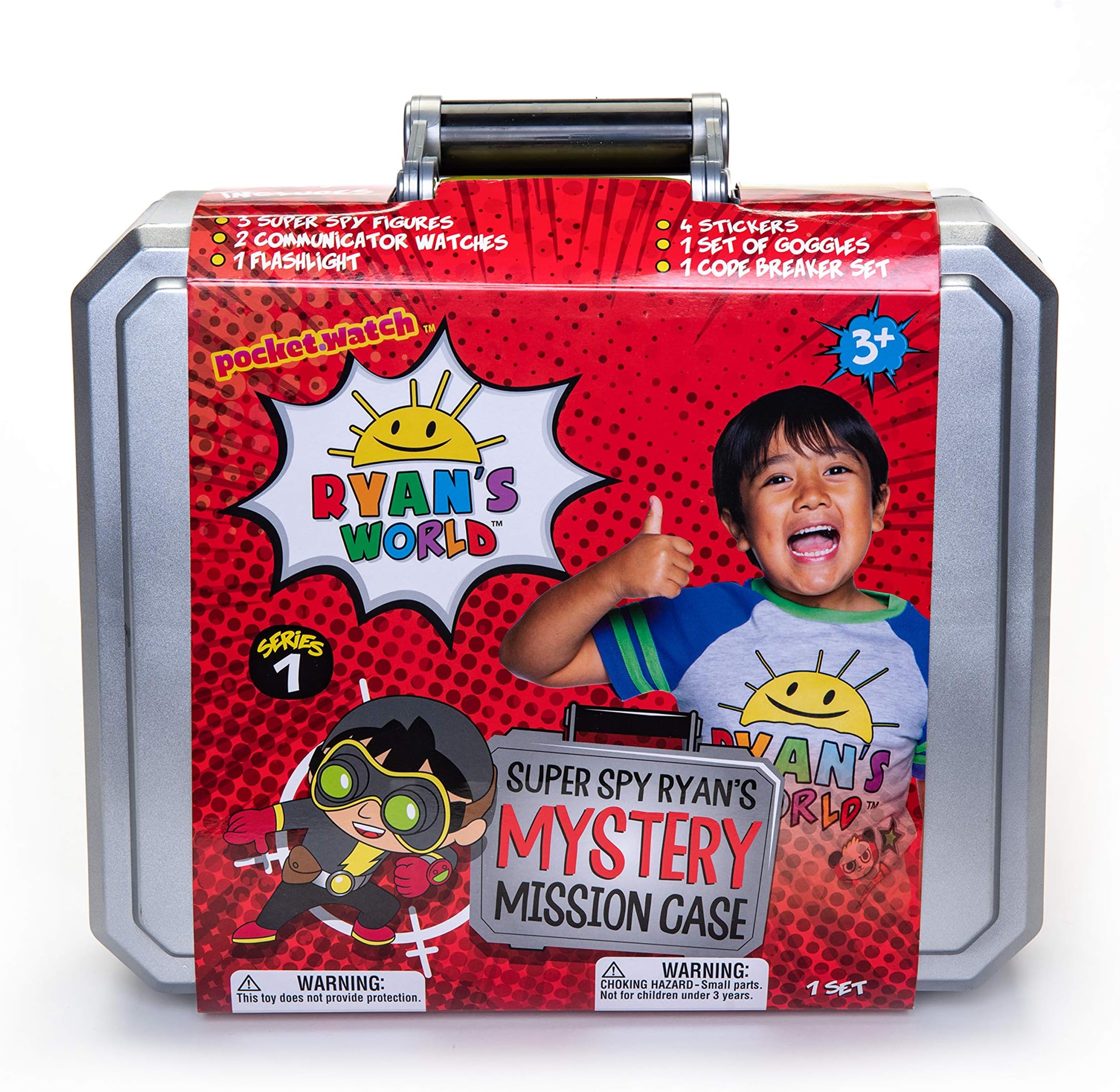 RYAN'S WORLD Secret Agent Mystery Mission Case, 3 Exclusive Spy Figures, 2 Wrist Communicators, Flashlight, Goggles, Code Breaker Spinner, Stickers, Accessories, UNbox