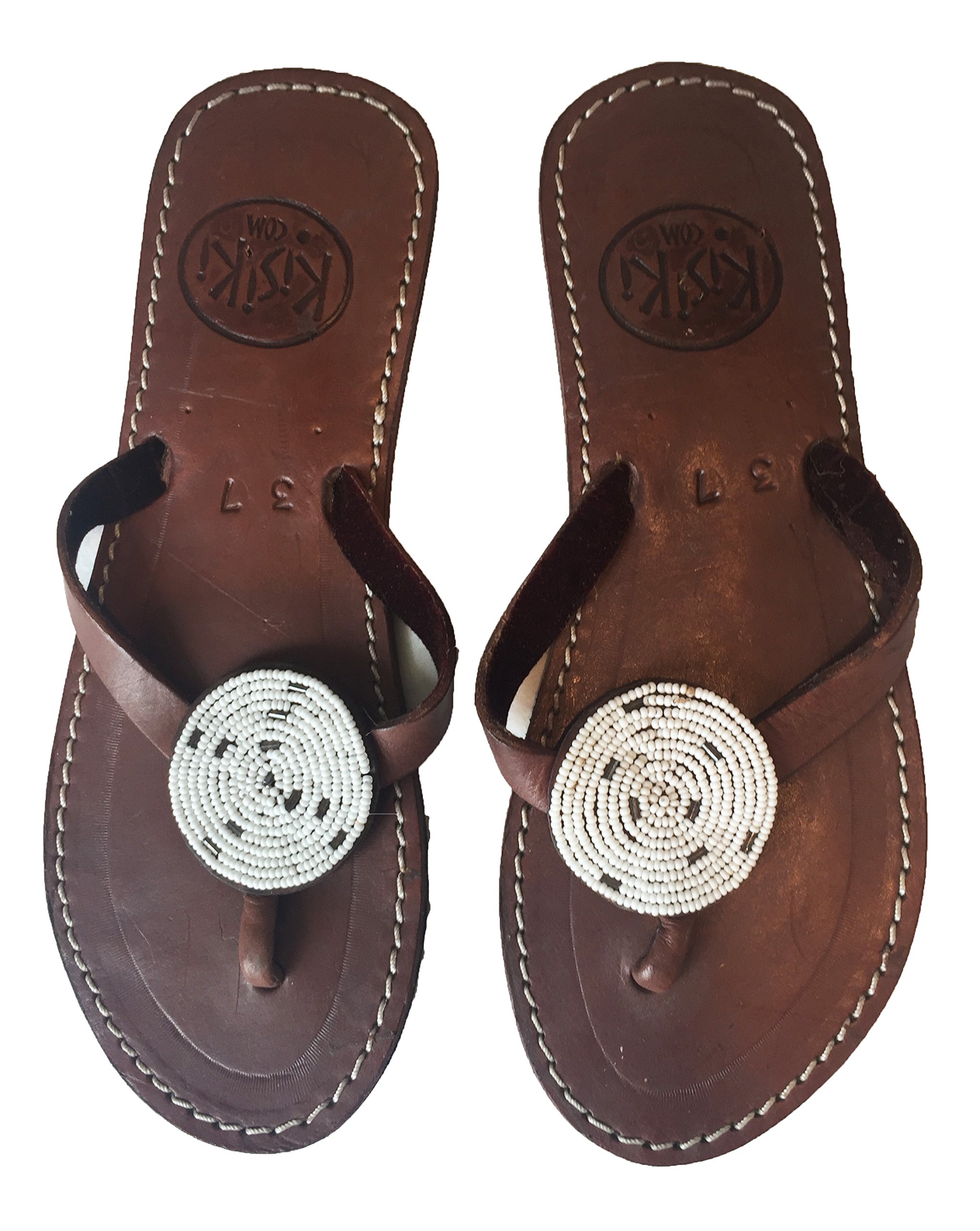 KISIKI Handmade Beaded Leather Flip Flops from Kenya - White Disc