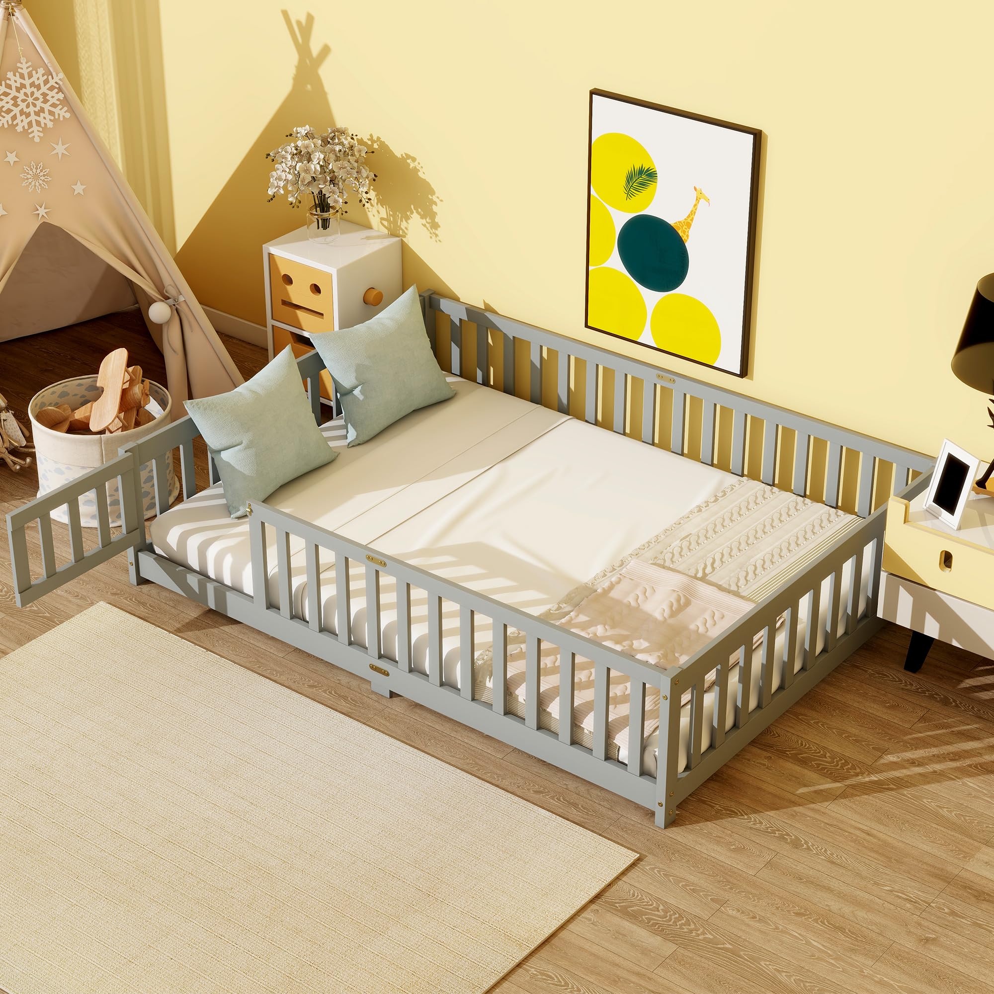 Full Size Natural Rubber Wood Floor Bed with Fence & Door - Safe, Sturdy, No Box Spring Needed