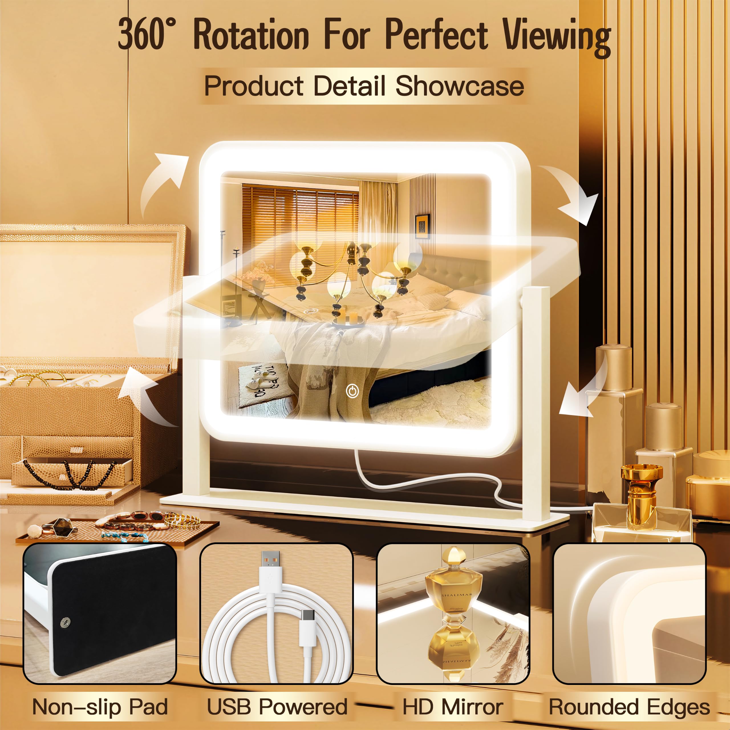 Lighted Makeup Mirror with Touch Control, 3 Color Modes & Dimming