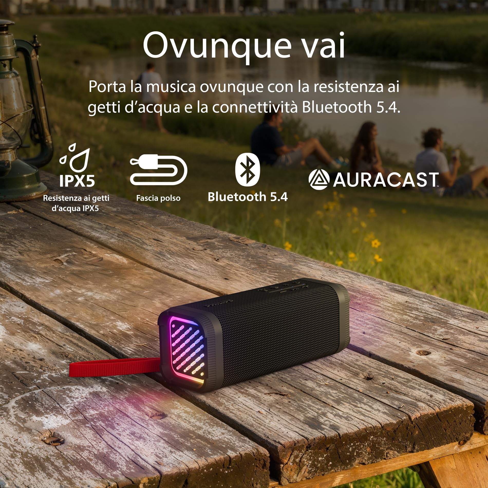 Philips TAS2000B Altoparlante wireless Bluetooth con spettacolo di luci LED, 20 W Bass+, Auracast, 20H di riproduzione, Impermeabilità IPX5, Riproduzione USB, Microfono, Controllo app – Nero