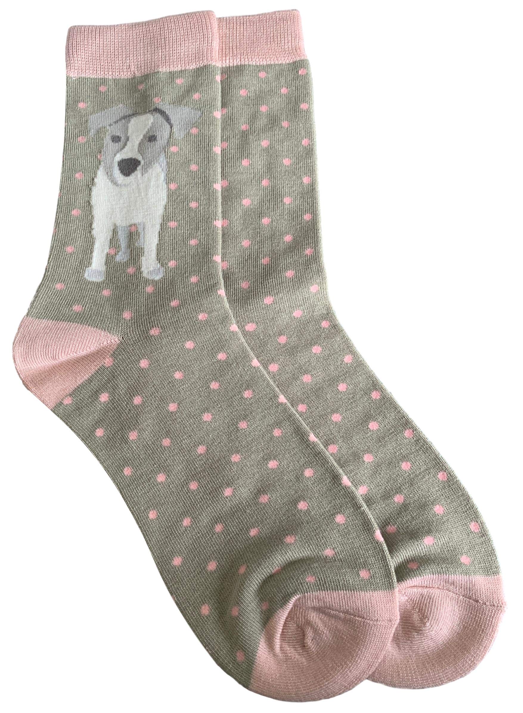 Purple Possum® Socks Jack Russell Dog Ladies Green Bamboo Cotton Dogs Pink Polka Dot Size 4-7