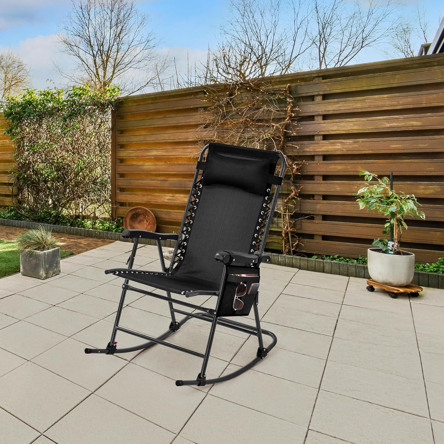 Yaheetech 26in Rocking Chair Outdoor Zero Gravity Folding Chairs Rocking Chairs Foldable Outdoor Reclining Lounge Chair for Outside Lawn with Cupholder/Pillow Ergonomic Design for Rest, Black