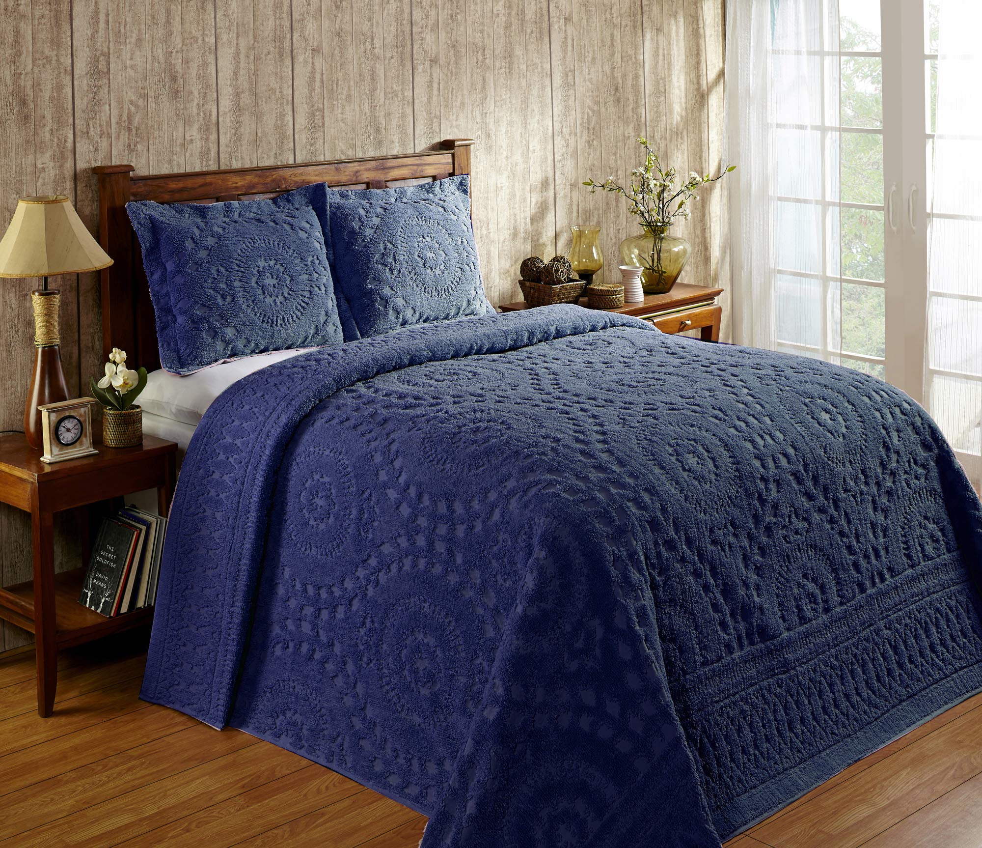 Better Trends 100% Cotton Chenille Bedspreads Full/Double Size, Rio Collection Floral Design Bed Cover in Navy - Tufted Cotton Bedspreads, Lightweight Bedspreads & Coverlets